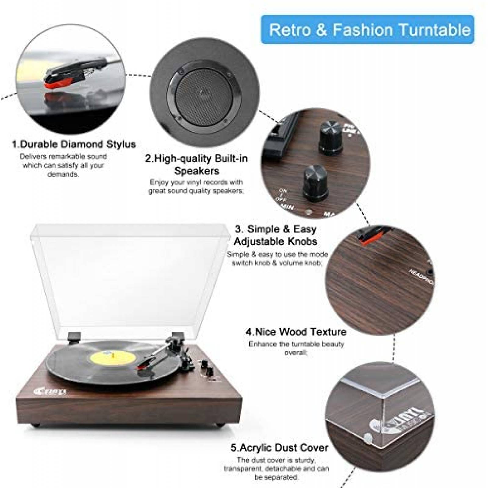 Tocadiscos VInYL MUSIC ON Retro Bluetooth con Altavoces