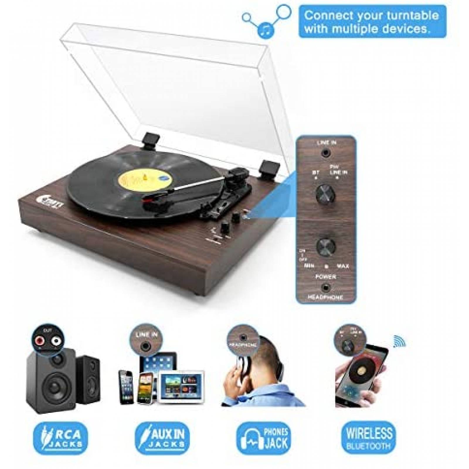 Tocadiscos VInYL MUSIC ON Retro Bluetooth con Altavoces