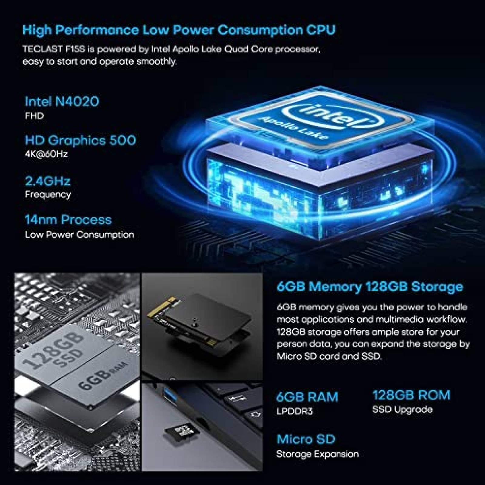 Laptop Gamer TECLAST F15S 15.6'' N4020 6GB 128GB -Negro