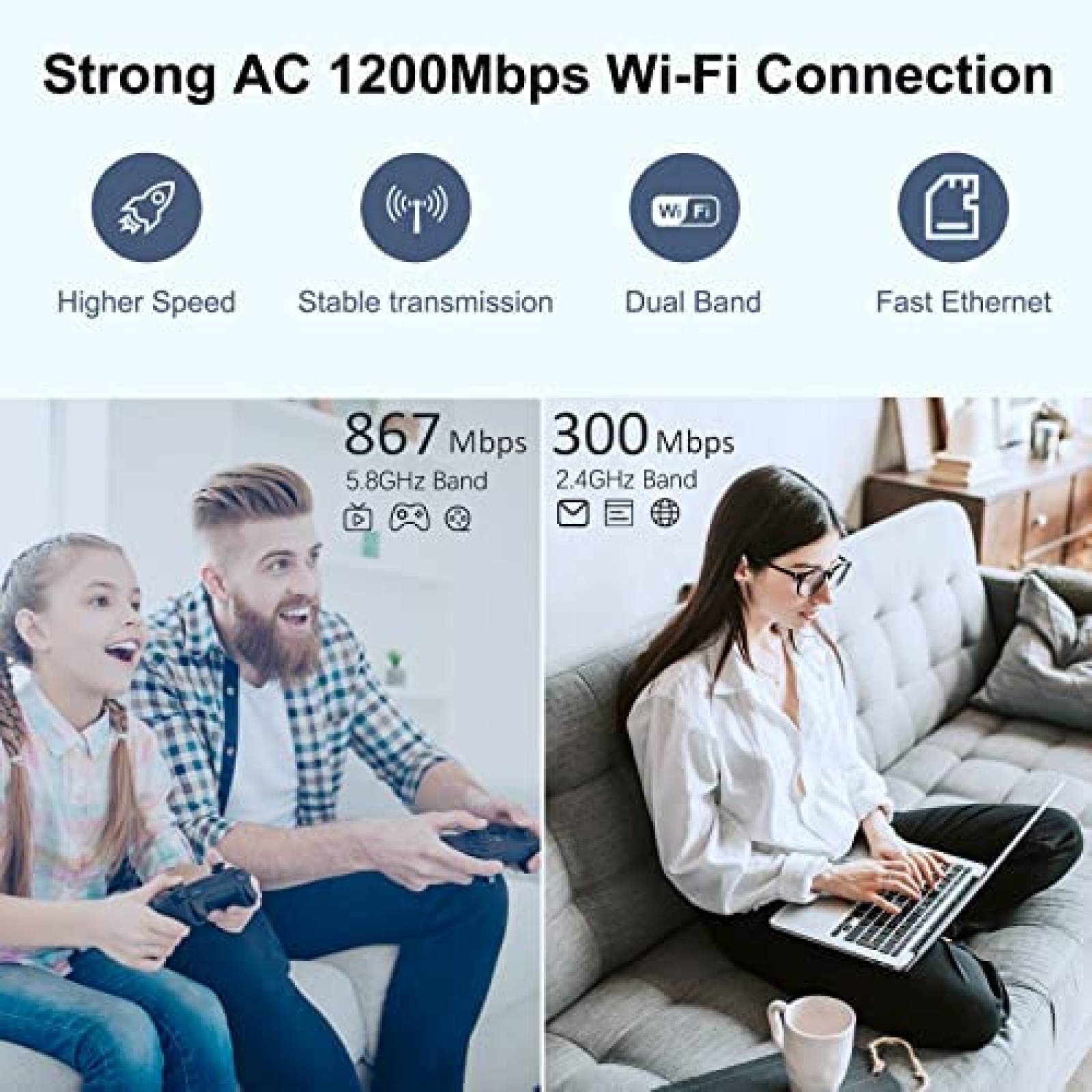 ExtensorWiFi Wodgreat de Hasta 1200MB con 2 Puertos Ethernet