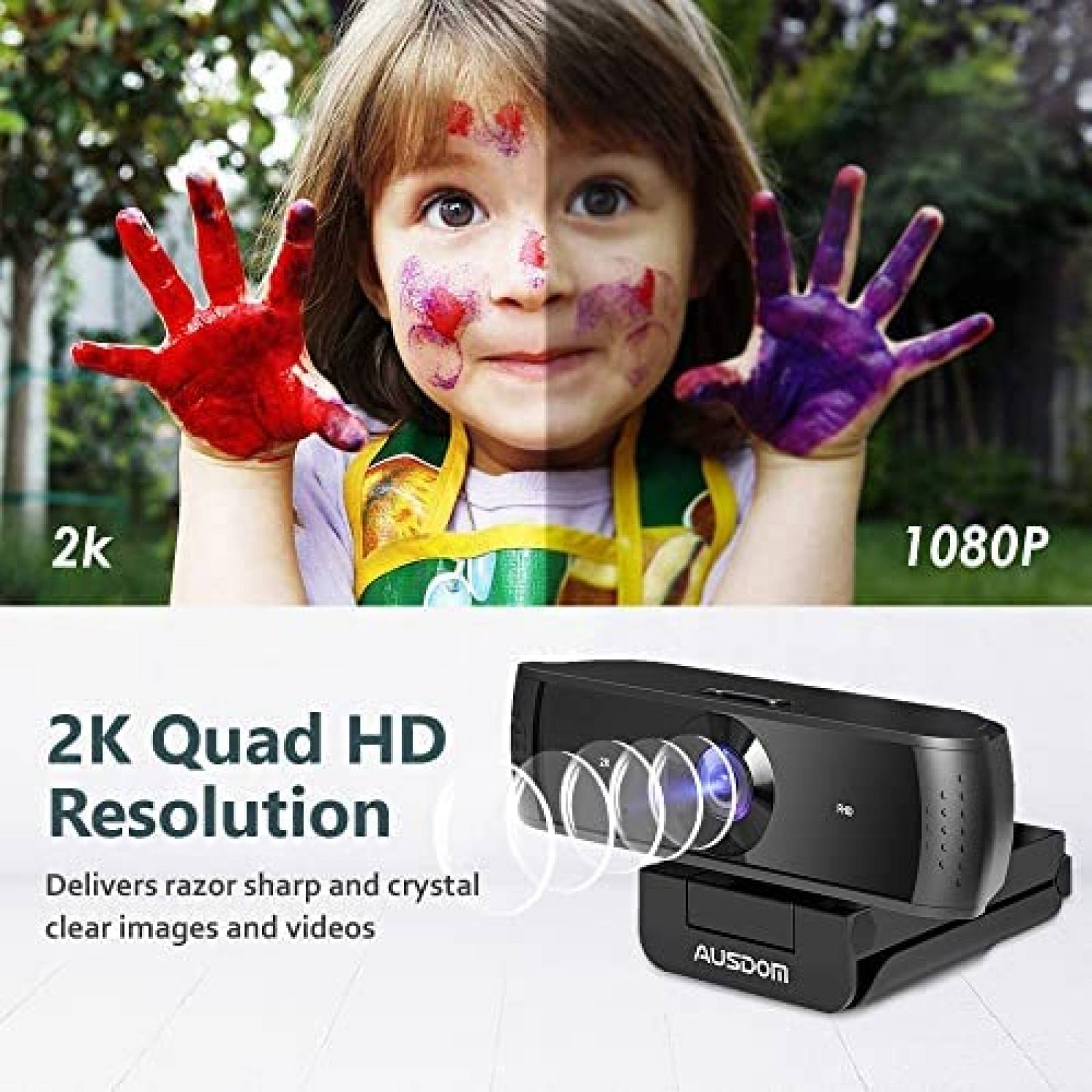 Webcam AUSDOM Con Microfono Y Cubierta De Privacidad -Negro