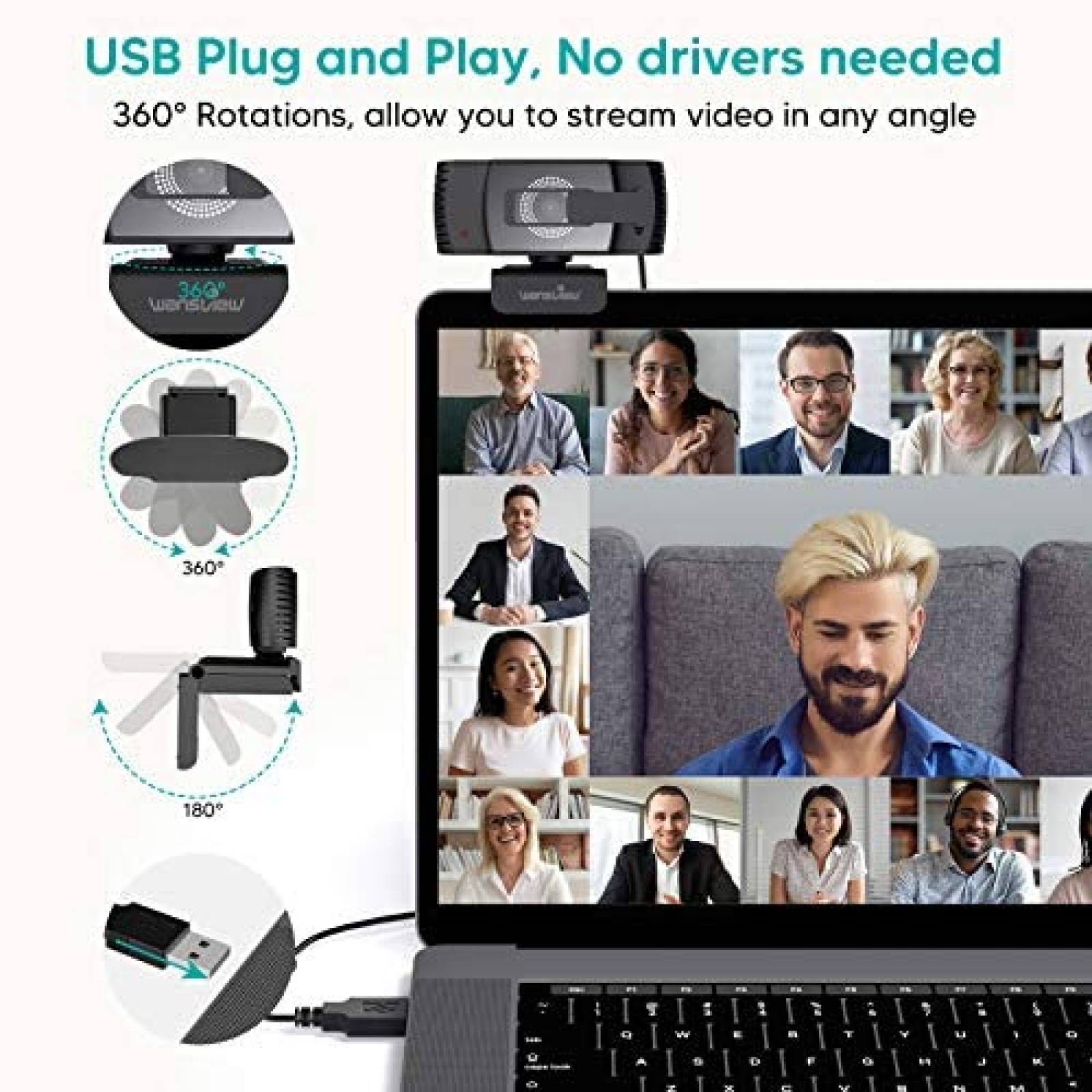 Webcam con microfono Wansview USB de 1080P HD -Negro