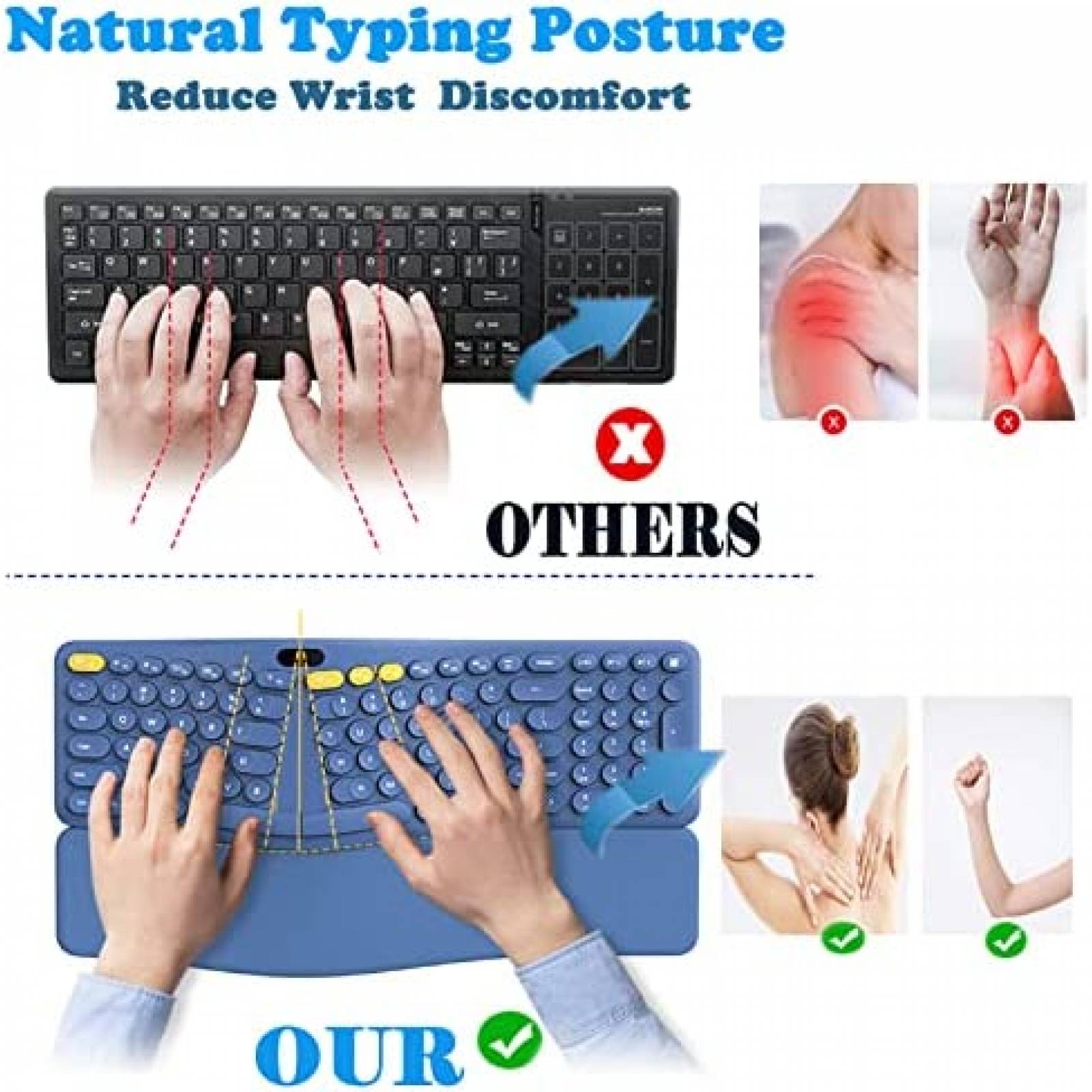 Teclado Eirix Ergonomico Inalambrico con Reposamuecas -Azul