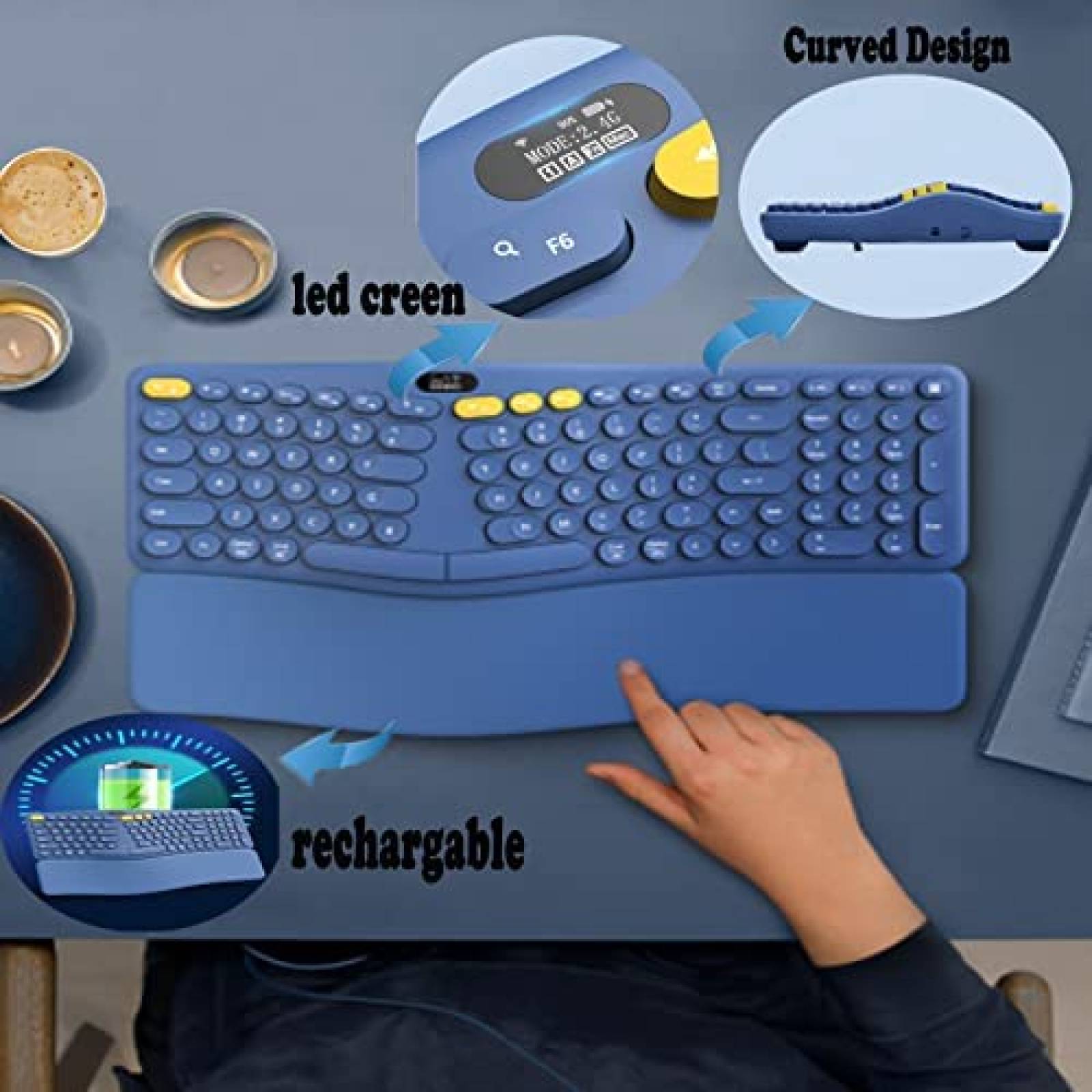 Teclado Eirix Ergonomico Inalambrico con Reposamuecas -Azul