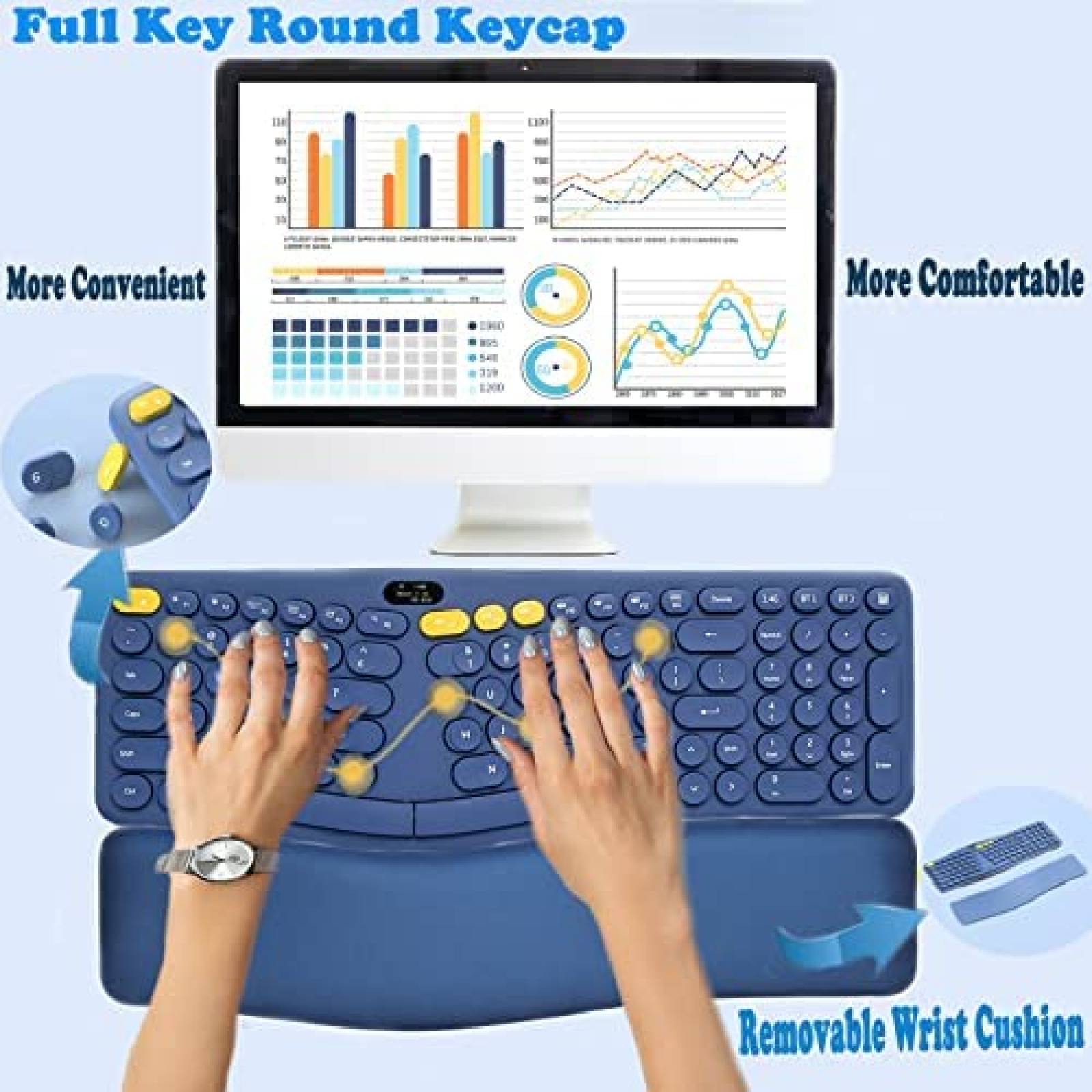 Teclado Eirix Ergonomico Inalambrico con Reposamuecas -Azul