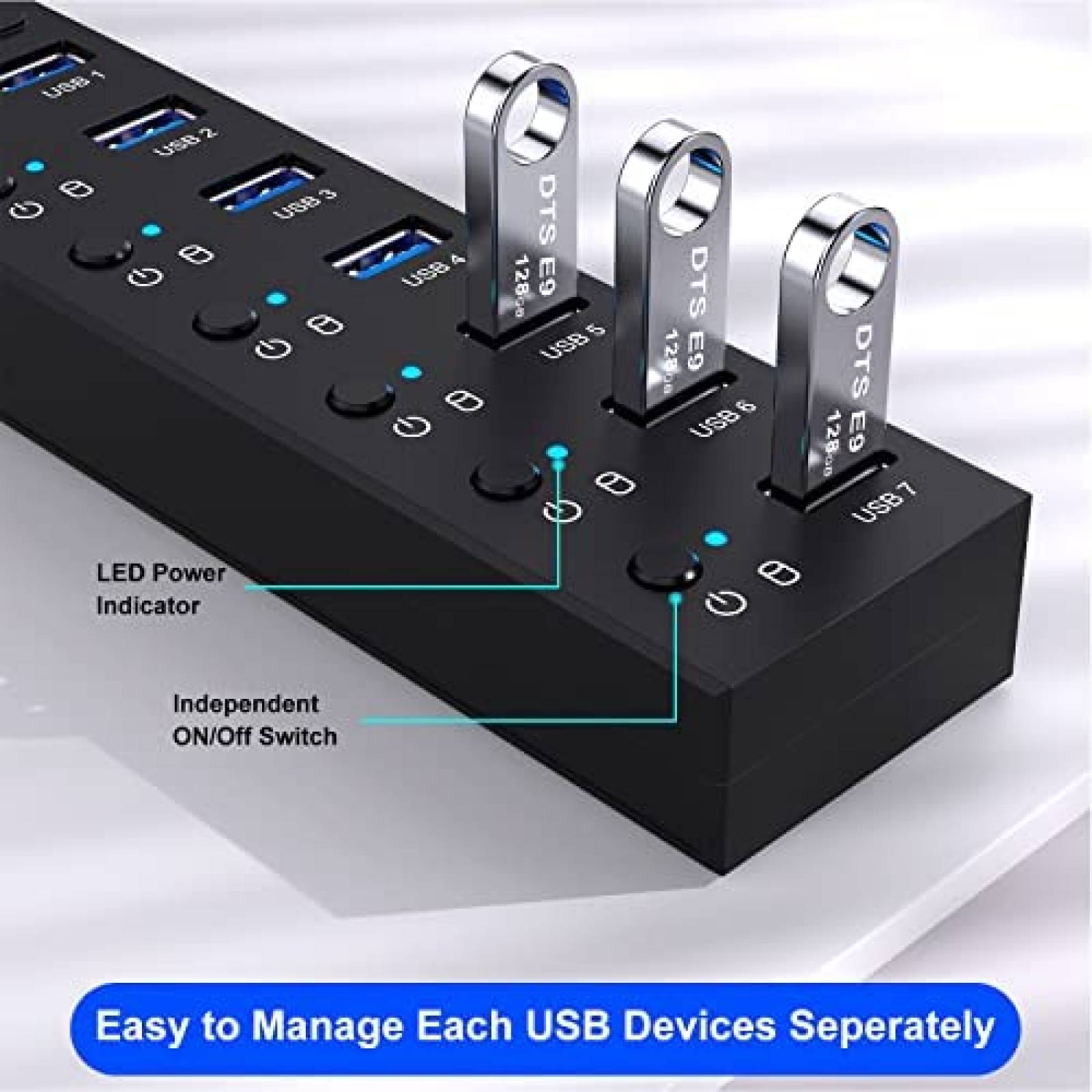 Divisor de concentrador USB 3.0 - Extensor USB de 4 puertos USB Ultra Slim  Hub de datos con interruptor de alimentación individual y LED