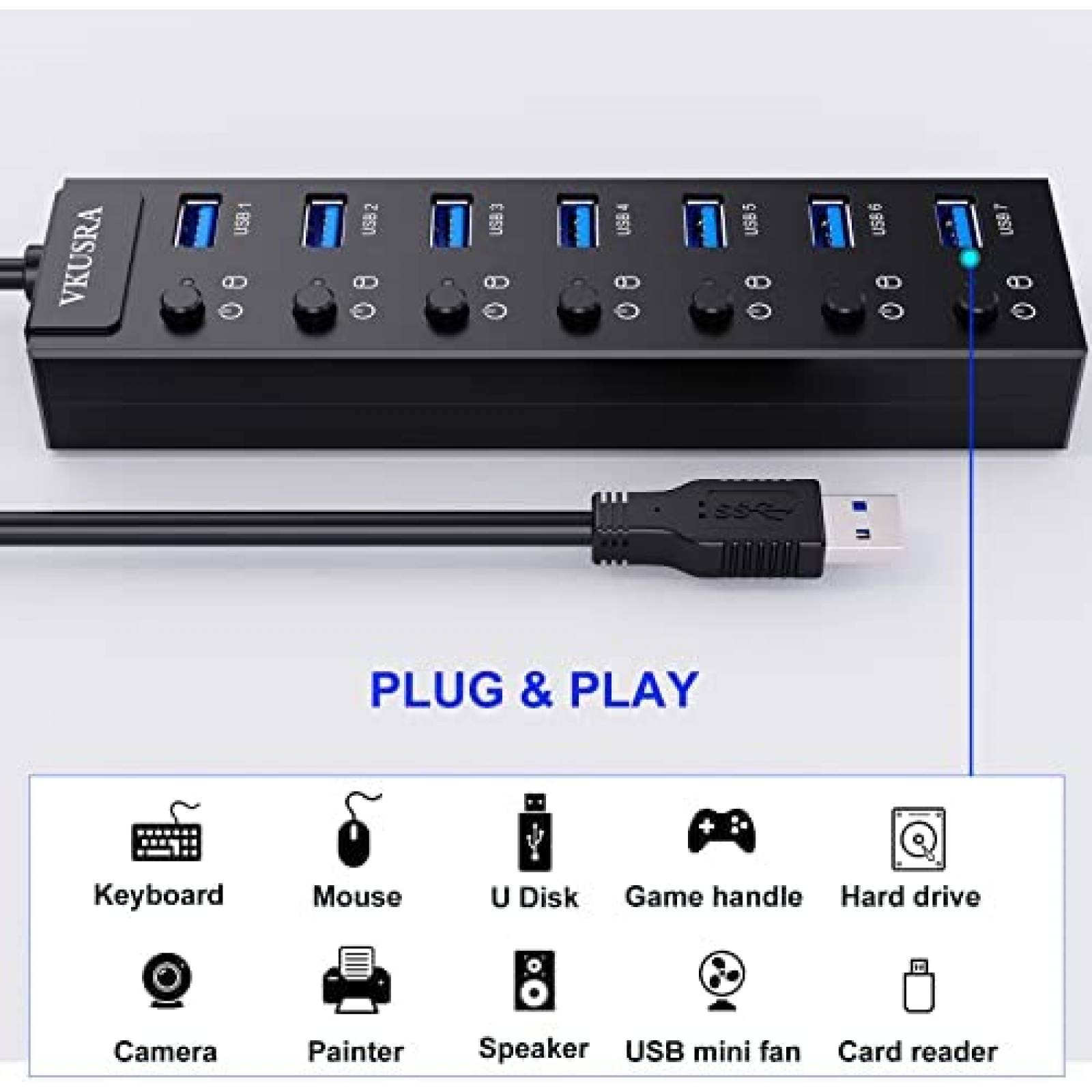 HUB VKUSRA USB 3.0 7 Puertos LED Individuales -Negro