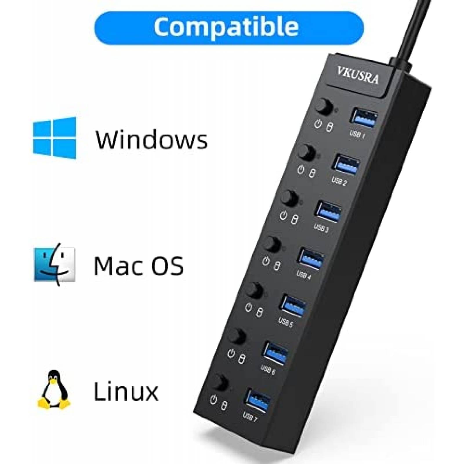 HUB VKUSRA USB 3.0 7 Puertos LED Individuales -Negro