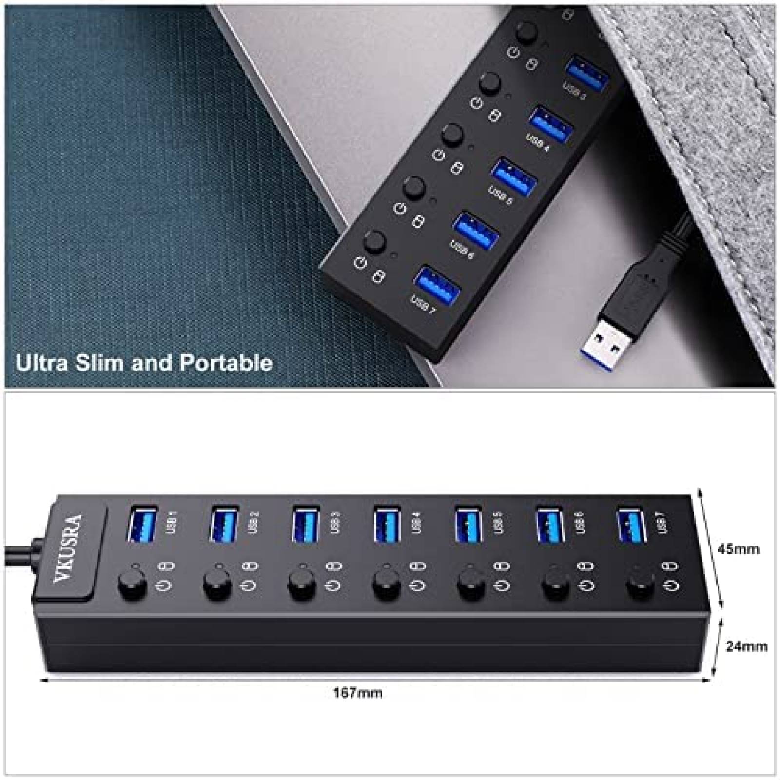 HUB VKUSRA USB 3.0 7 Puertos LED Individuales -Negro