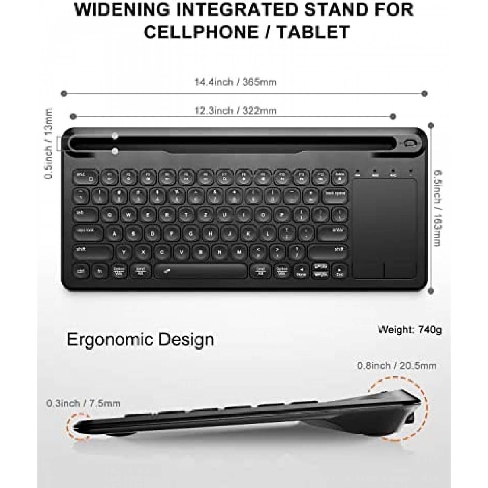 Teclado Bluetooth multidispositivo, teclado inalámbrico recargable portátil  con ranura de soporte interruptor a 2 dispositivos para iPad, tableta