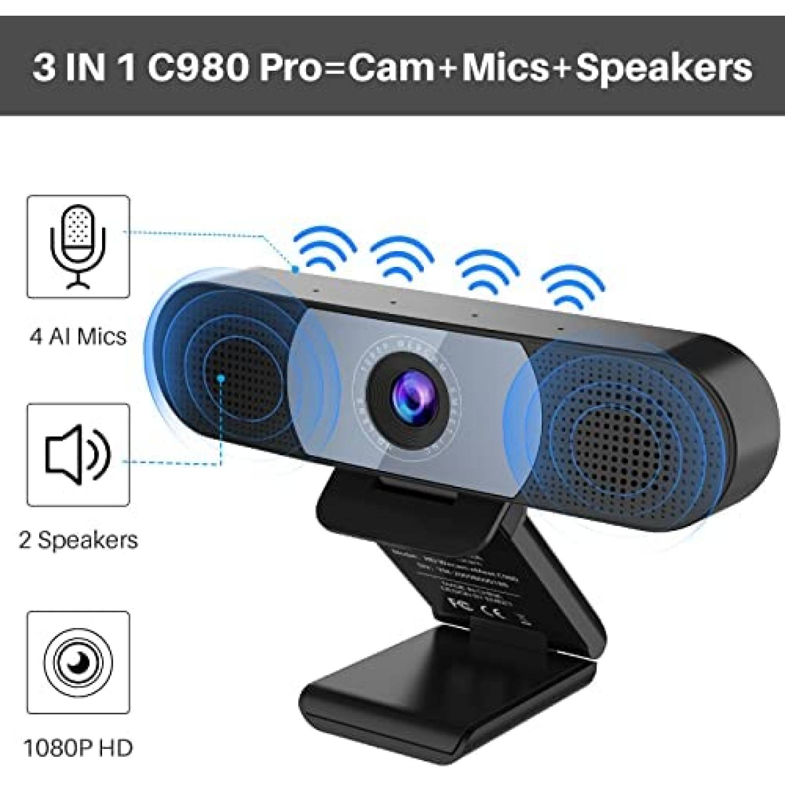 Webcam 3 en 1 EMEET 4 Microfonos y Reduccion de Ruido -Negro