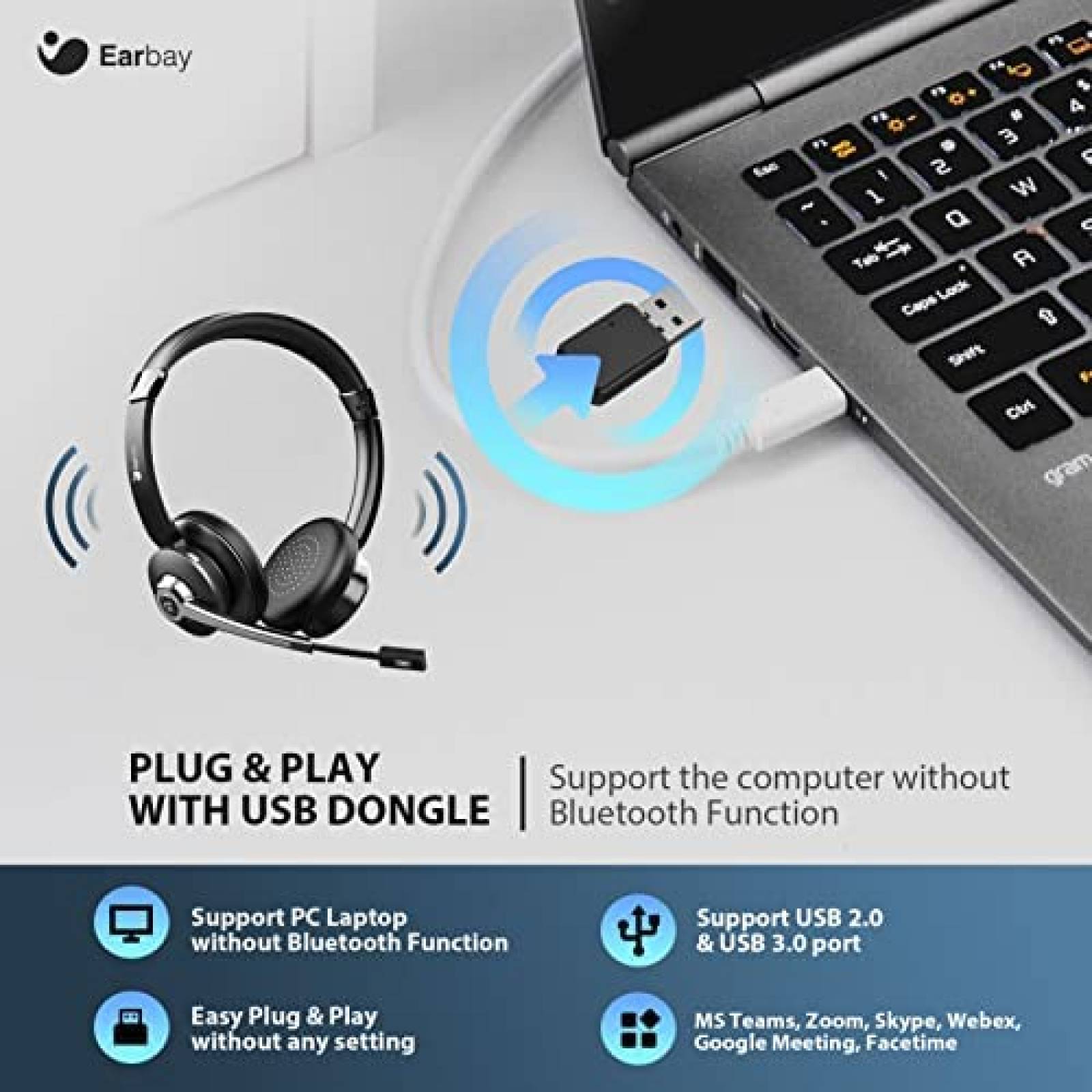 Audifonos Bluetooth Earbay Con Microfono Y Dongle USB -Negro