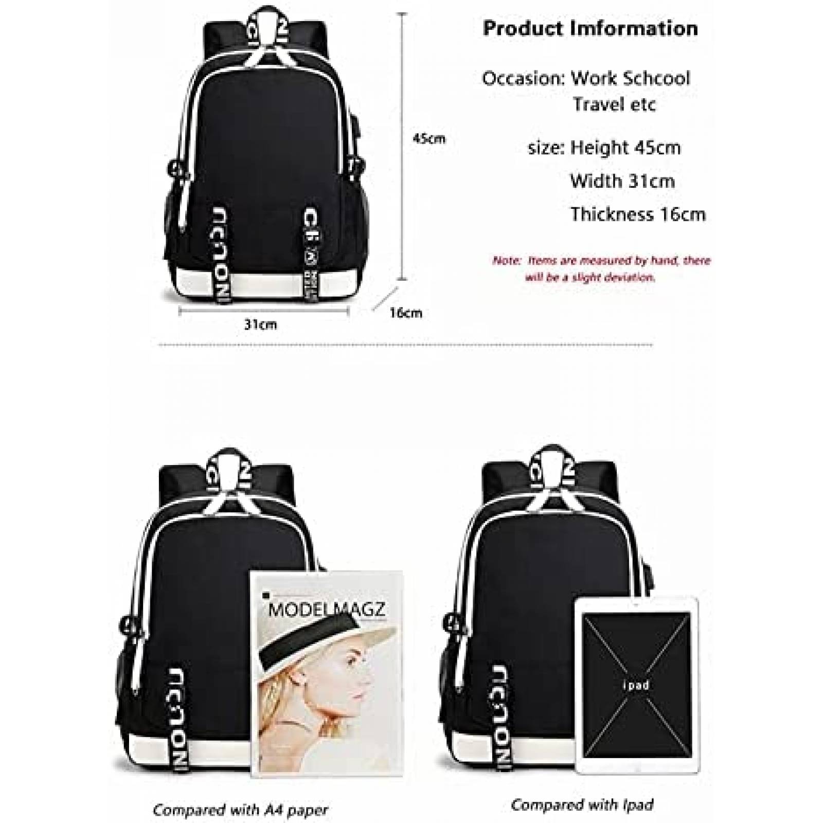 Mochila Yicool con Cargador USB p/Laptop 15.6'' Anime -Negro