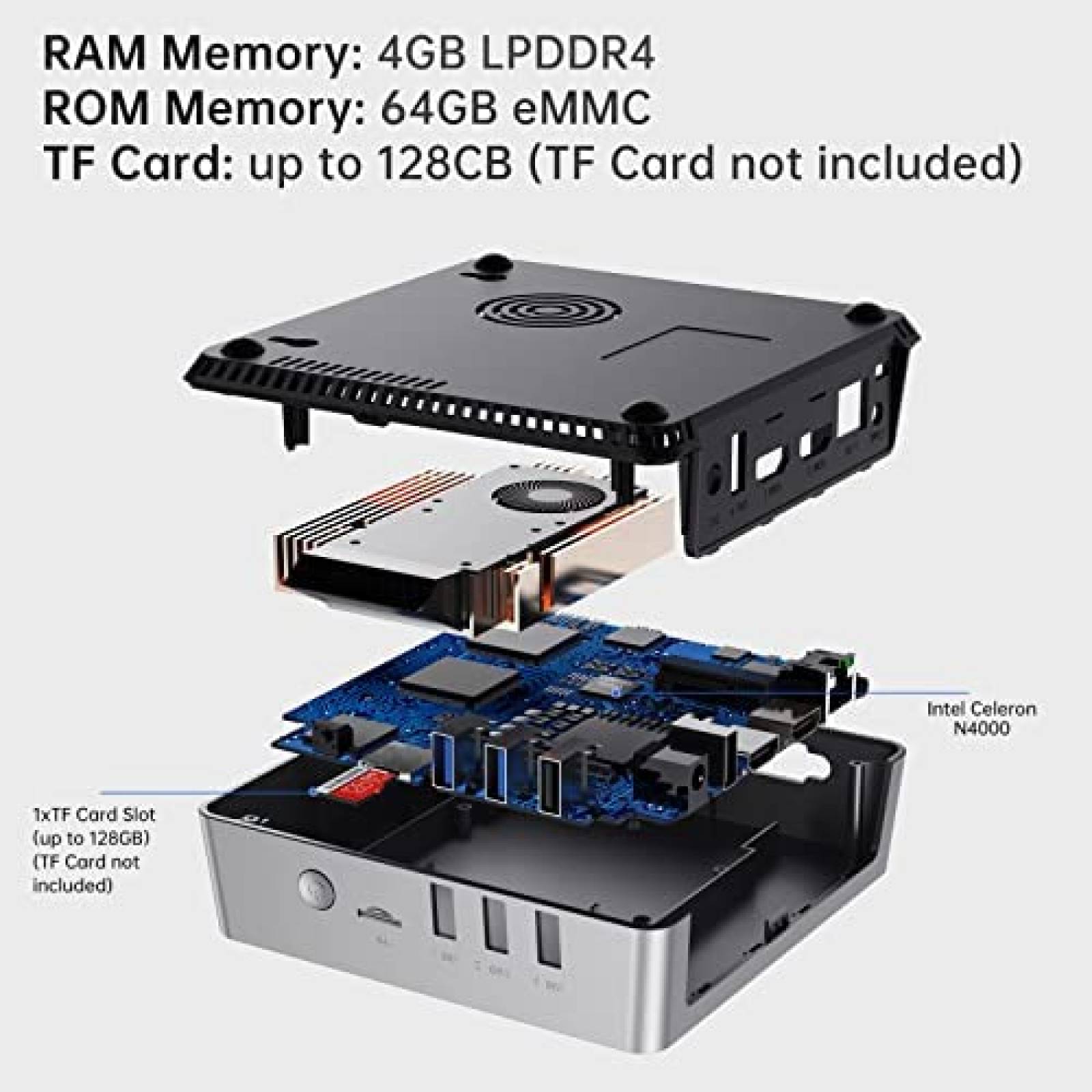 Mini PC OUVISLITE Intel N4000 4GB DDR4 64GB eMMC -Plata