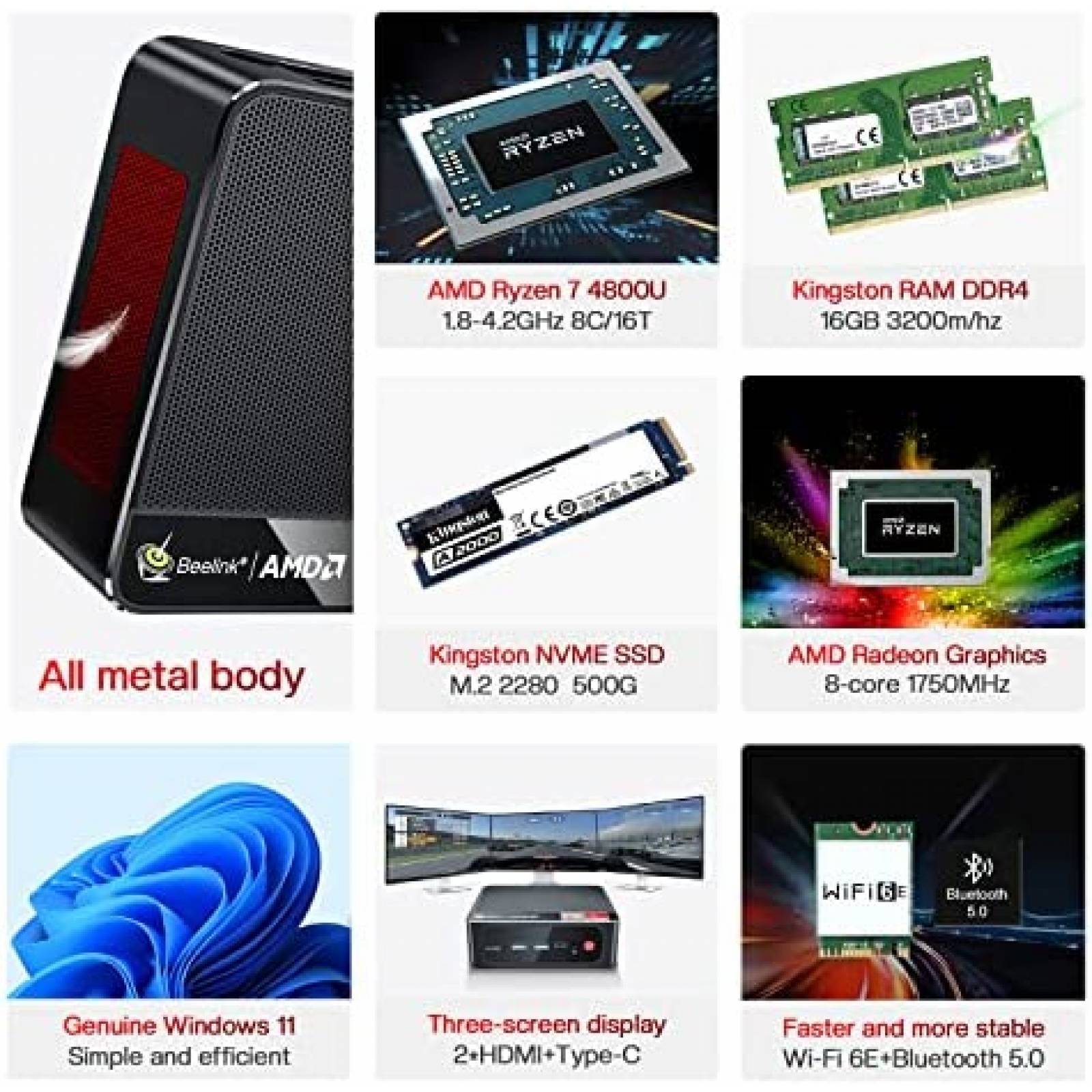 Mini PC Beelink SER4 Ryzen 7 4800U 16GB 500GB -Negro