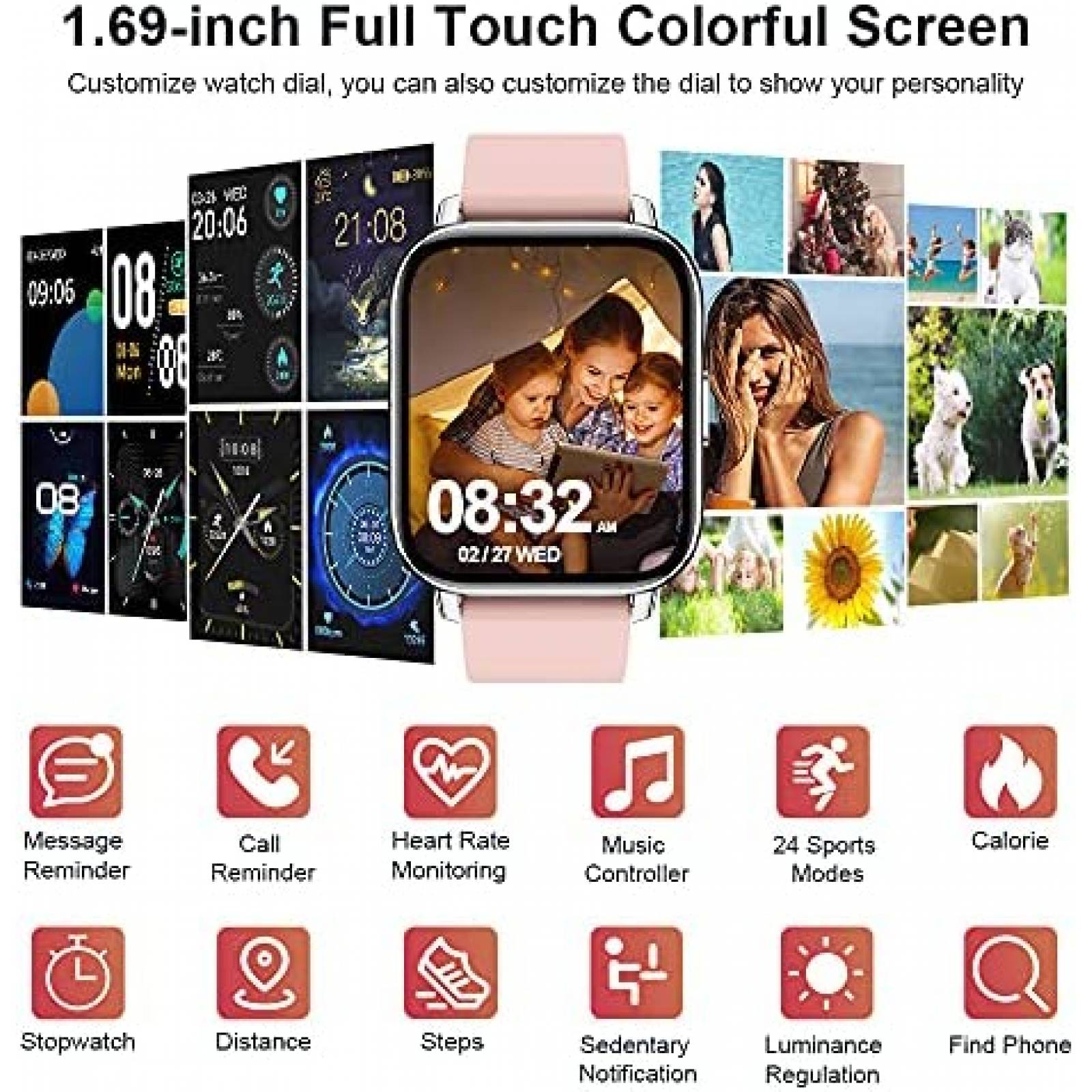 Smartwatch Motast 1.69" Pantalla Tactil IP68 -Rosa