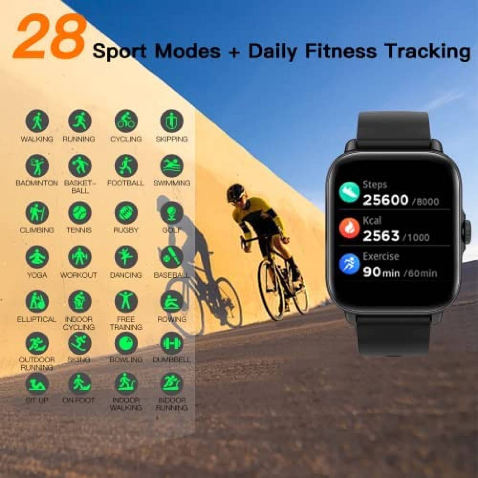 Smartwatch MVEFOIT 1.7'' Full HD con 28 Modos Sport -Negro