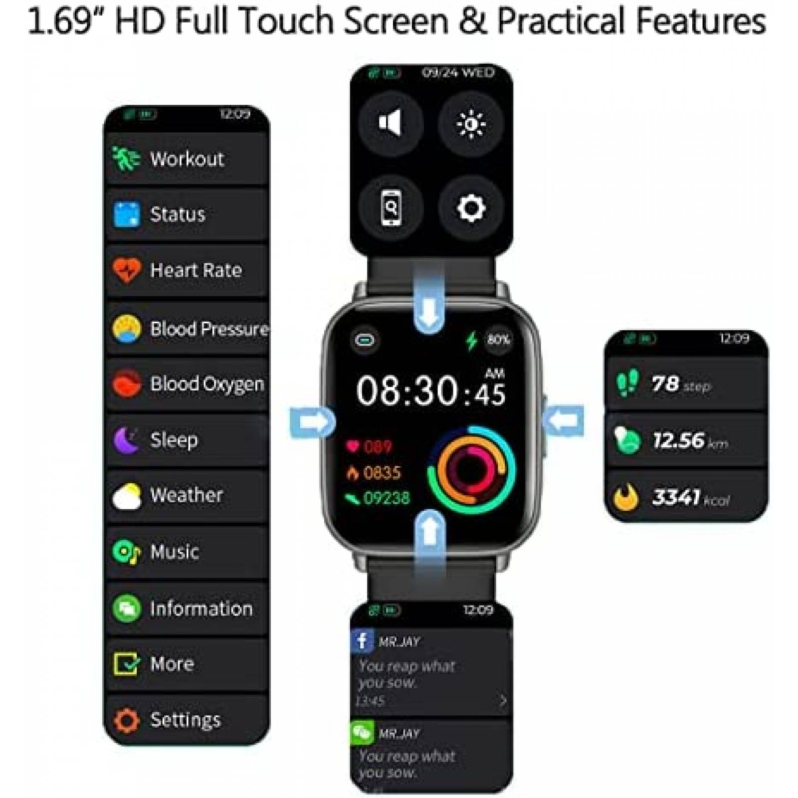 Smartwatch SEDSEY Pantallla de 1.7'' HD IP68 -Negro