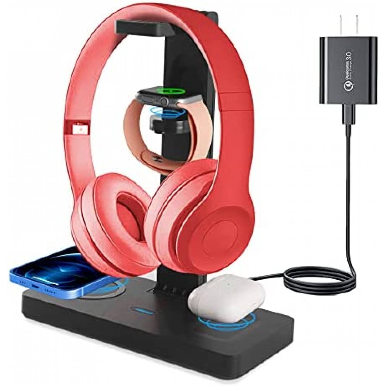 Soporte para auriculares con cargador inalámbrico, soporte para auriculares  de escritorio 4 en 1 con QI de carga rápida, almohadilla de carga