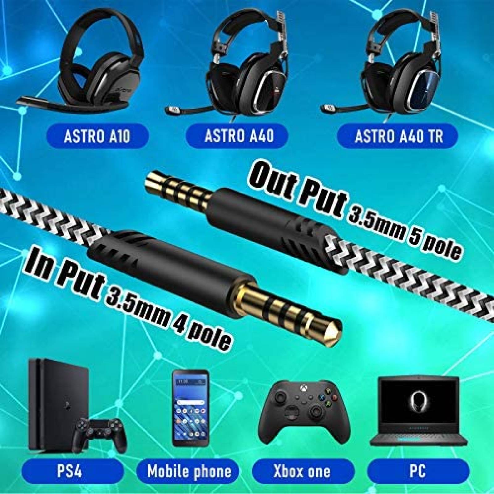 Cable de Repuesto Tonmom para Audífonos Astro A40 -Negro