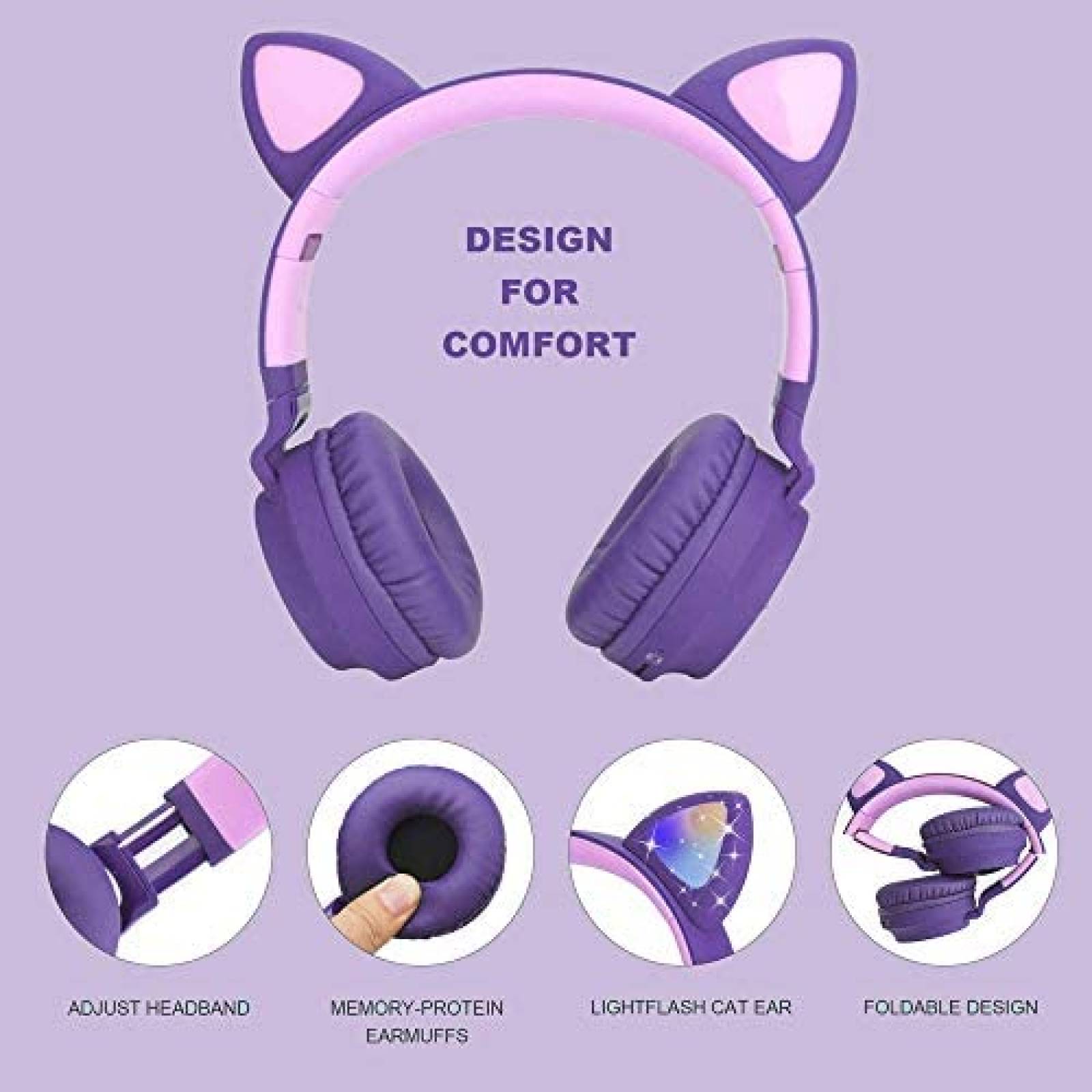 Audifonos Inalambricos Usound para Niños con Luz LED -Morado
