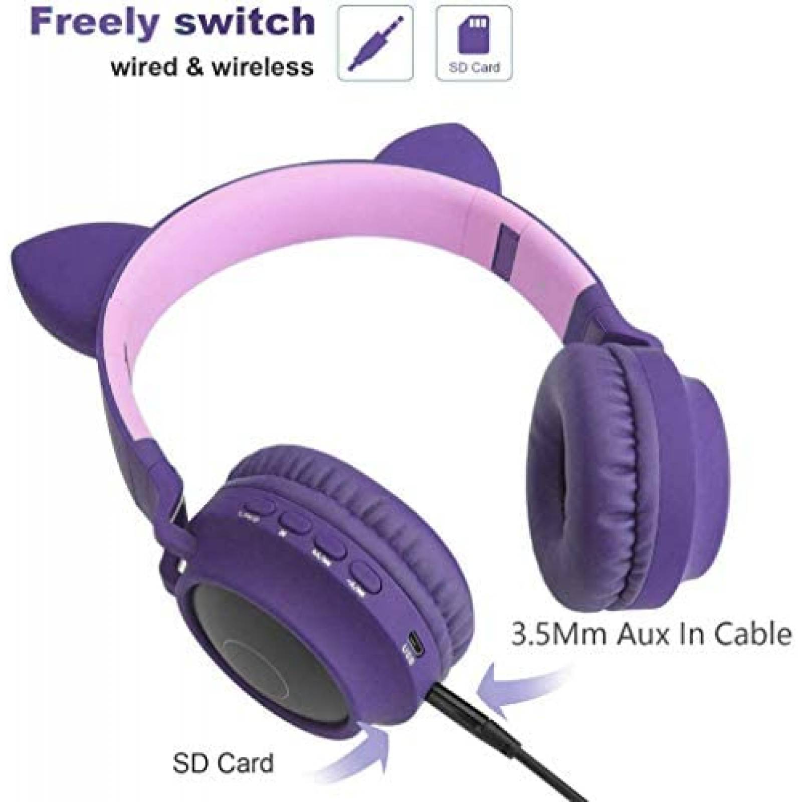 Audifonos Inalambricos Usound para Niños con Luz LED -Morado