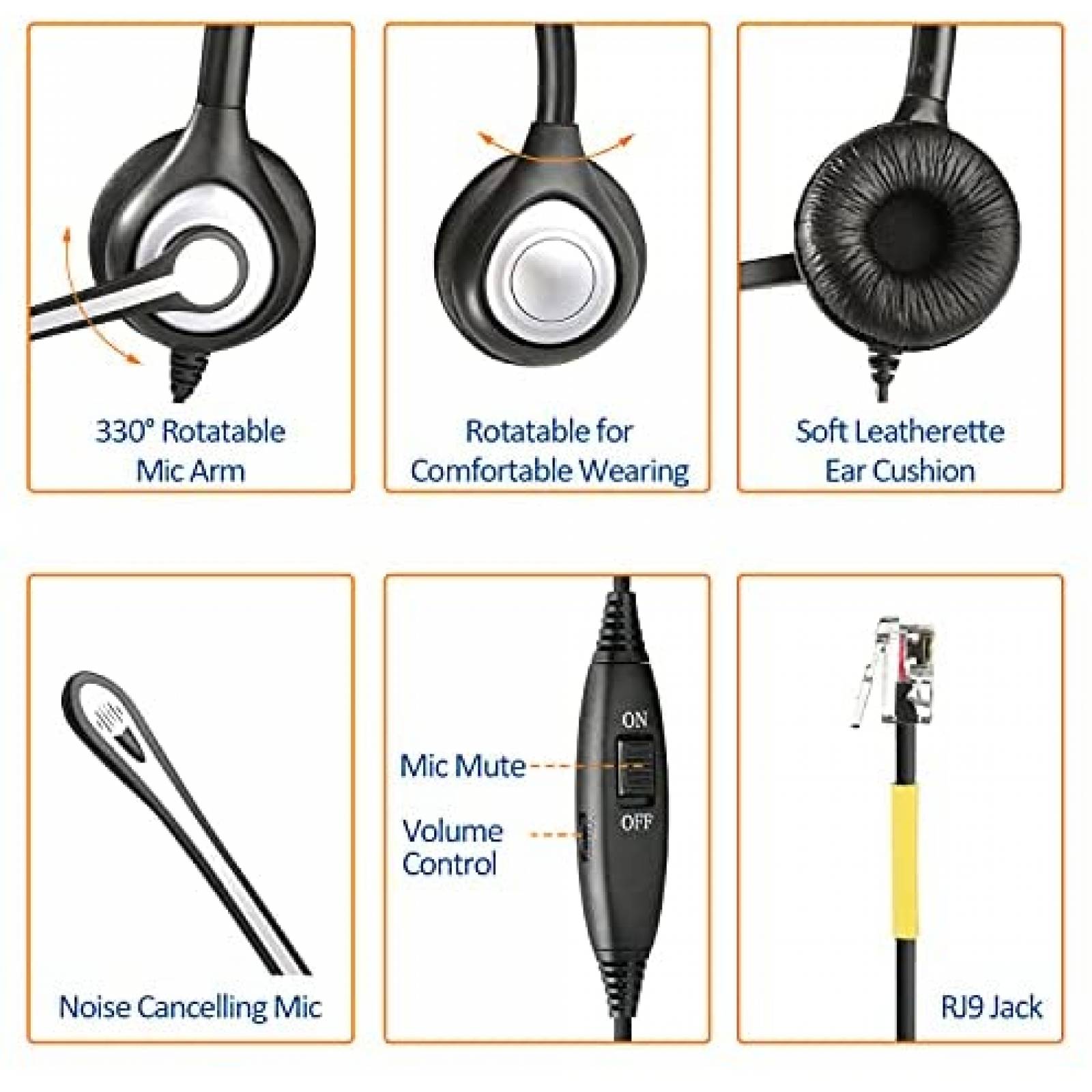 Headset Wantek RJ9 de Entrada RJ45 para Yealink -Negro