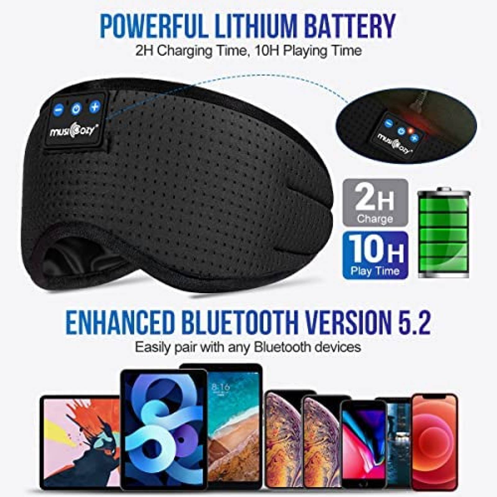 Banda para Dormir Bluetooth MUSICOZY Ajustable -Negro Mate