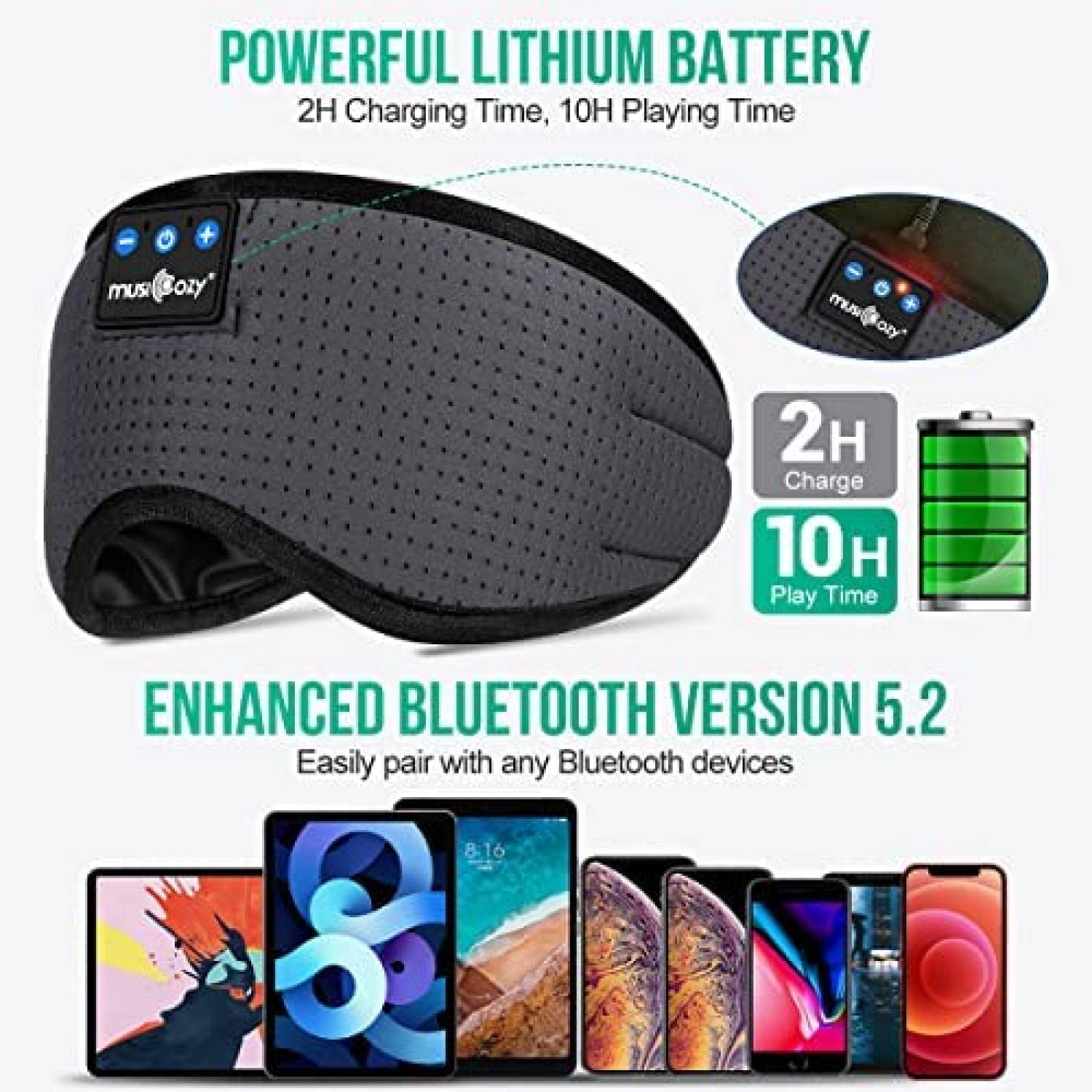 Banda para Dormir Bluetooth MUSICOZY 5.2 Ajustable -Gris
