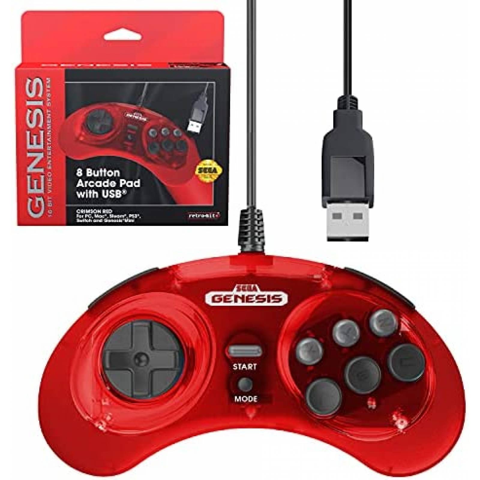 Control Gamer USB Retro-Bit para SEGA Genesis -Rojo