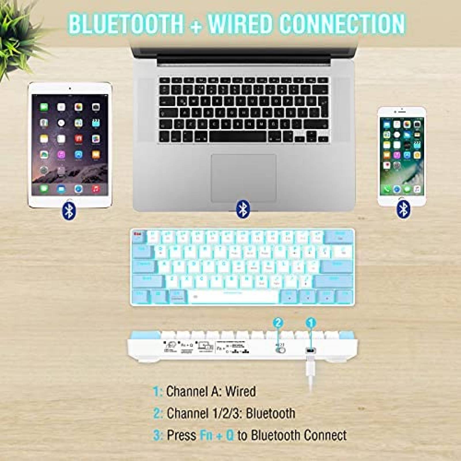 Teclado Gamer EDJO de 61 Teclas con Luz LED -Azul/Blanco