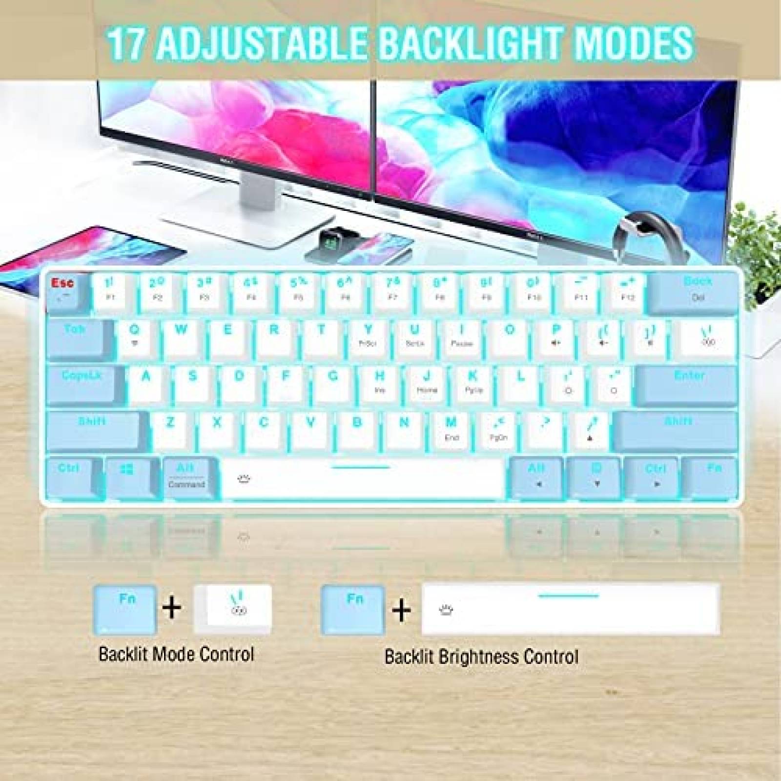 Teclado Gamer EDJO de 61 Teclas con Luz LED -Azul/Blanco