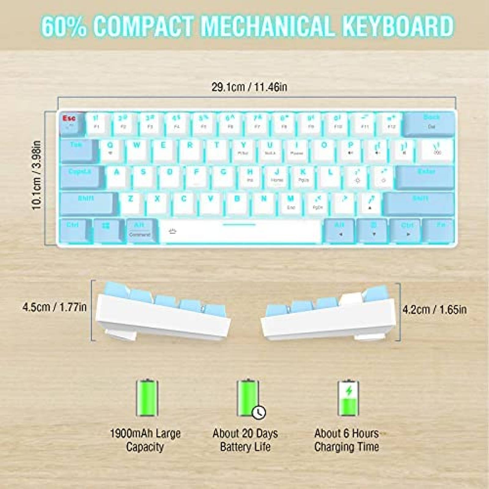 Teclado Gamer EDJO de 61 Teclas con Luz LED -Azul/Blanco