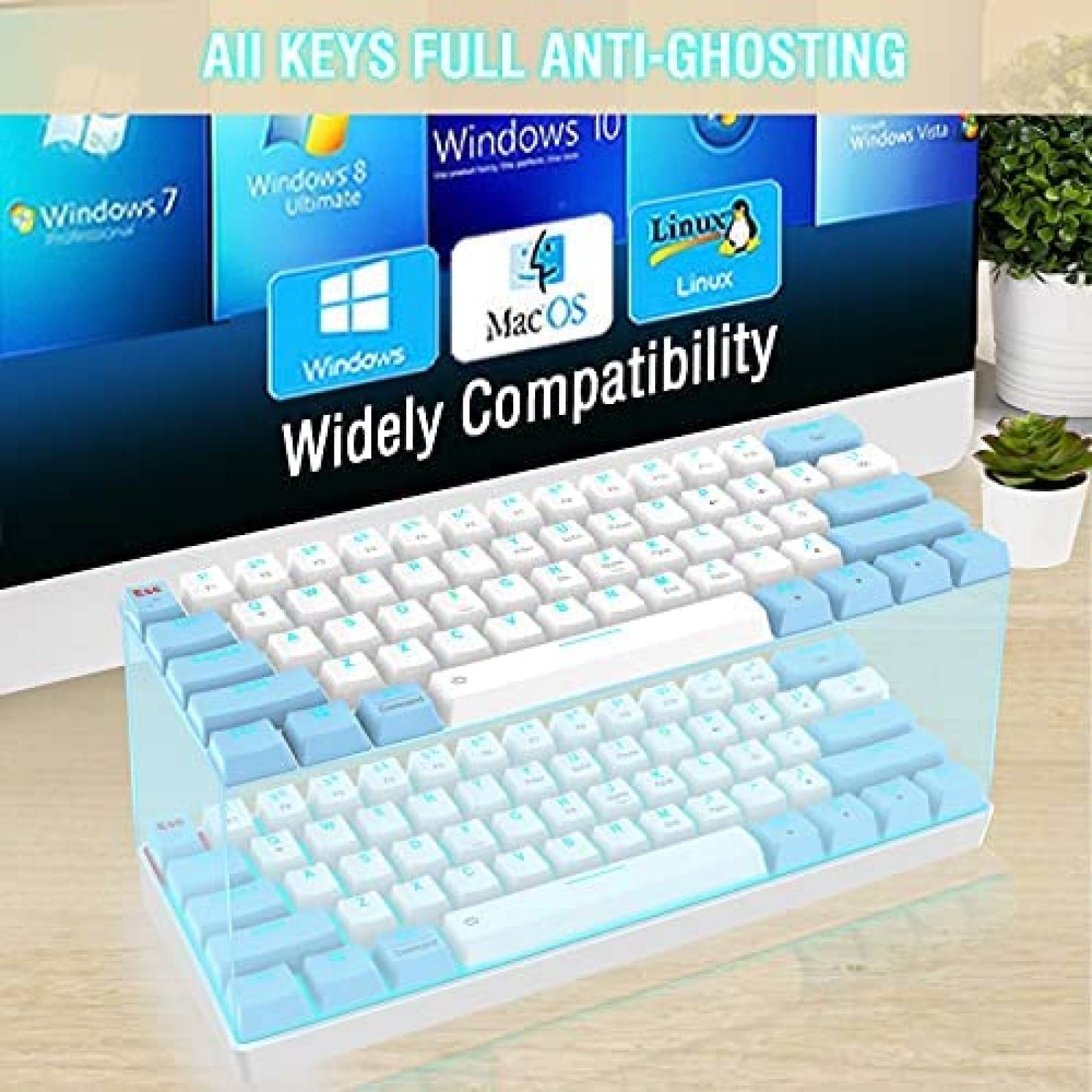 Teclado Gamer EDJO de 61 Teclas con Luz LED -Azul/Blanco