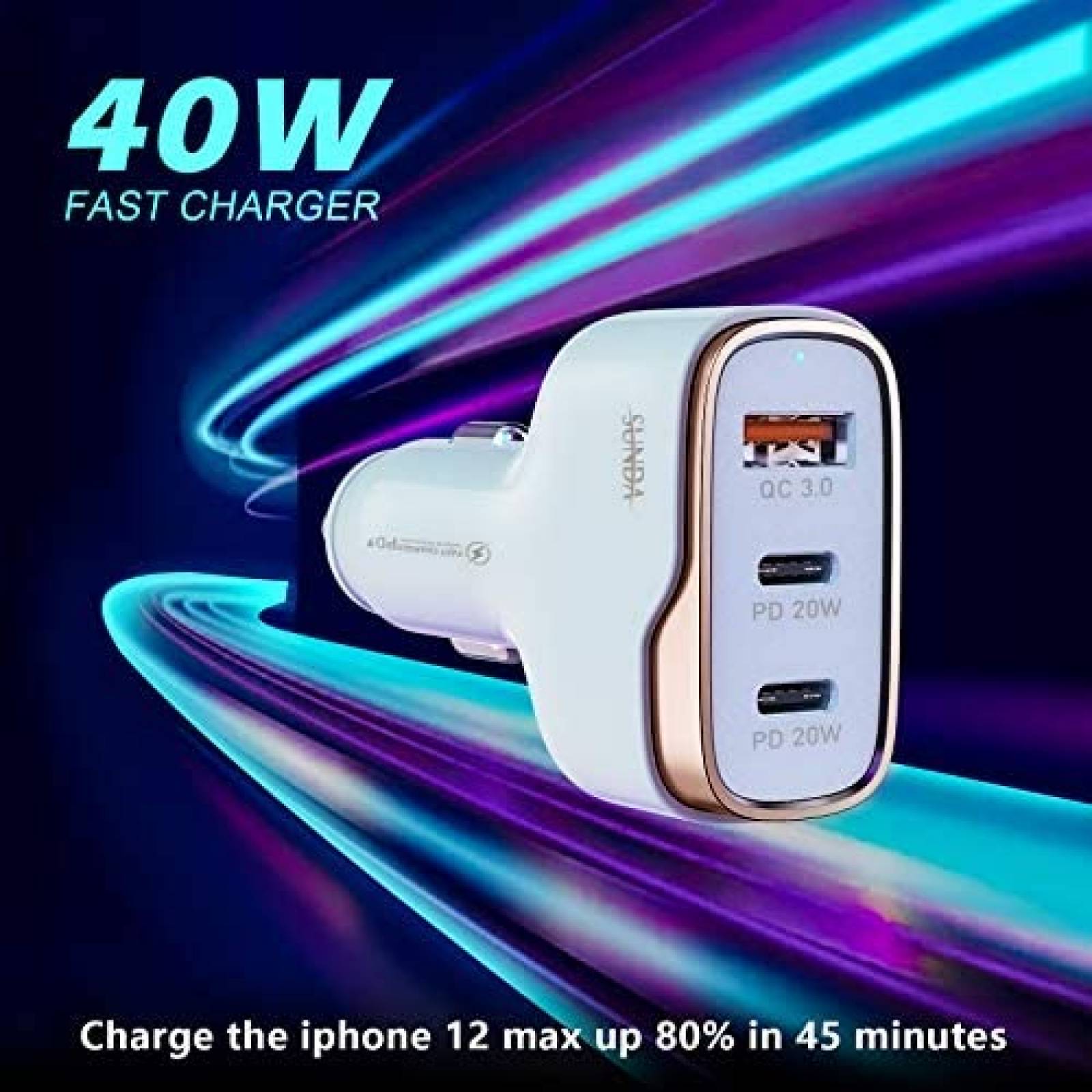 Cargador para Auto SUNDA de 1 Puerto USB/ 2 USB C -Blanco