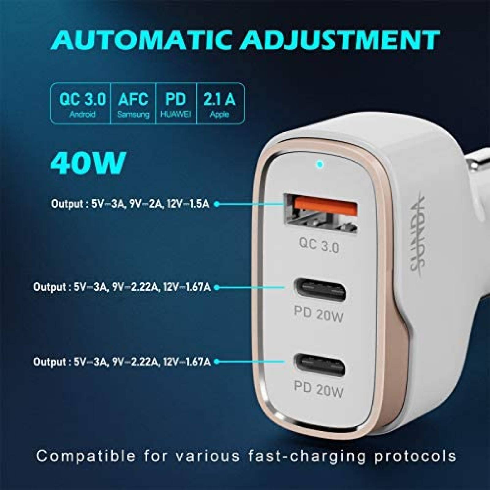 Cargador para Auto SUNDA de 1 Puerto USB/ 2 USB C -Blanco