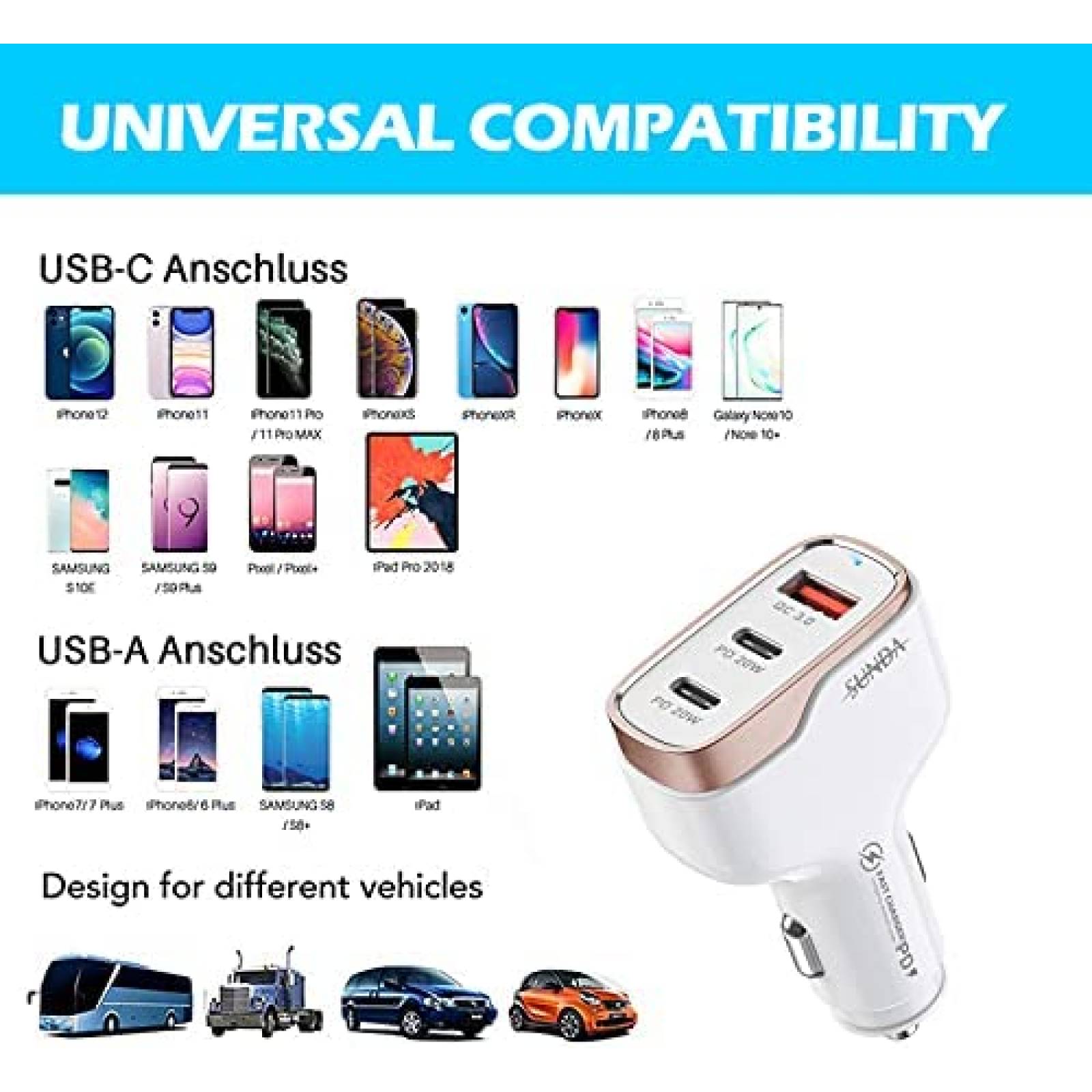 Cargador para Auto SUNDA de 1 Puerto USB/ 2 USB C -Blanco