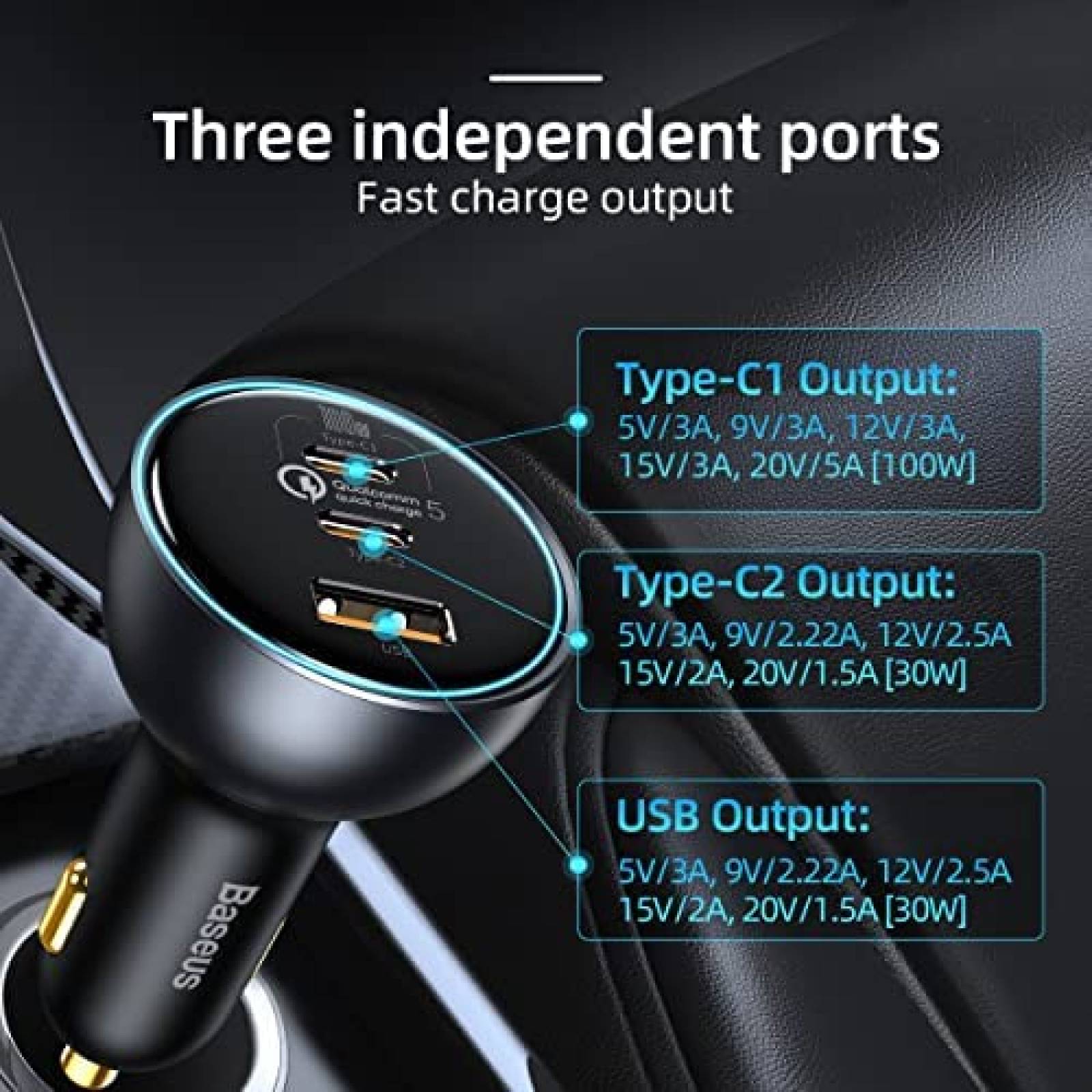 Cargador para Auto Baseus 3 Entradas USB/USB C 160W -Negro