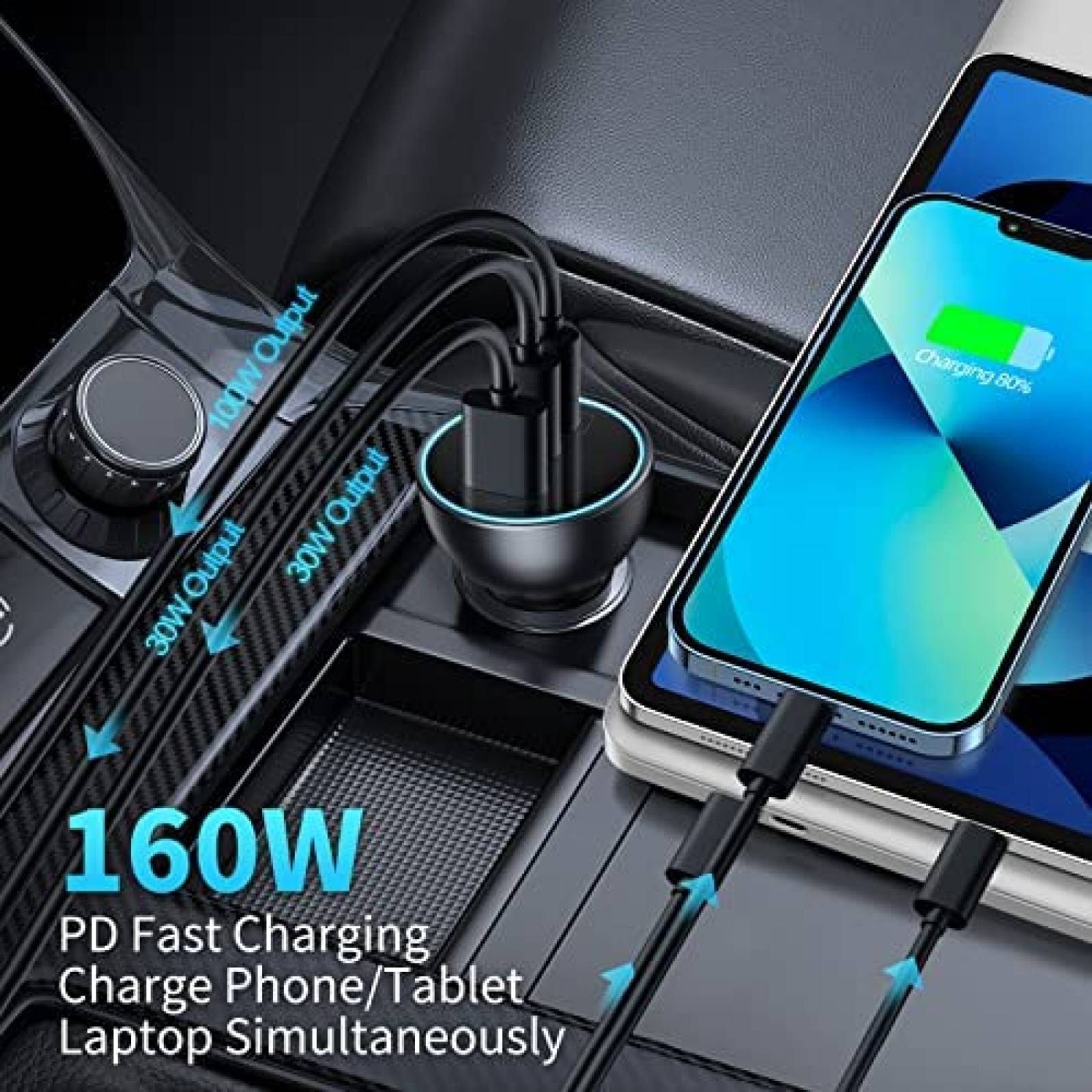 Cargador para Auto Baseus 3 Entradas USB/USB C 160W -Negro