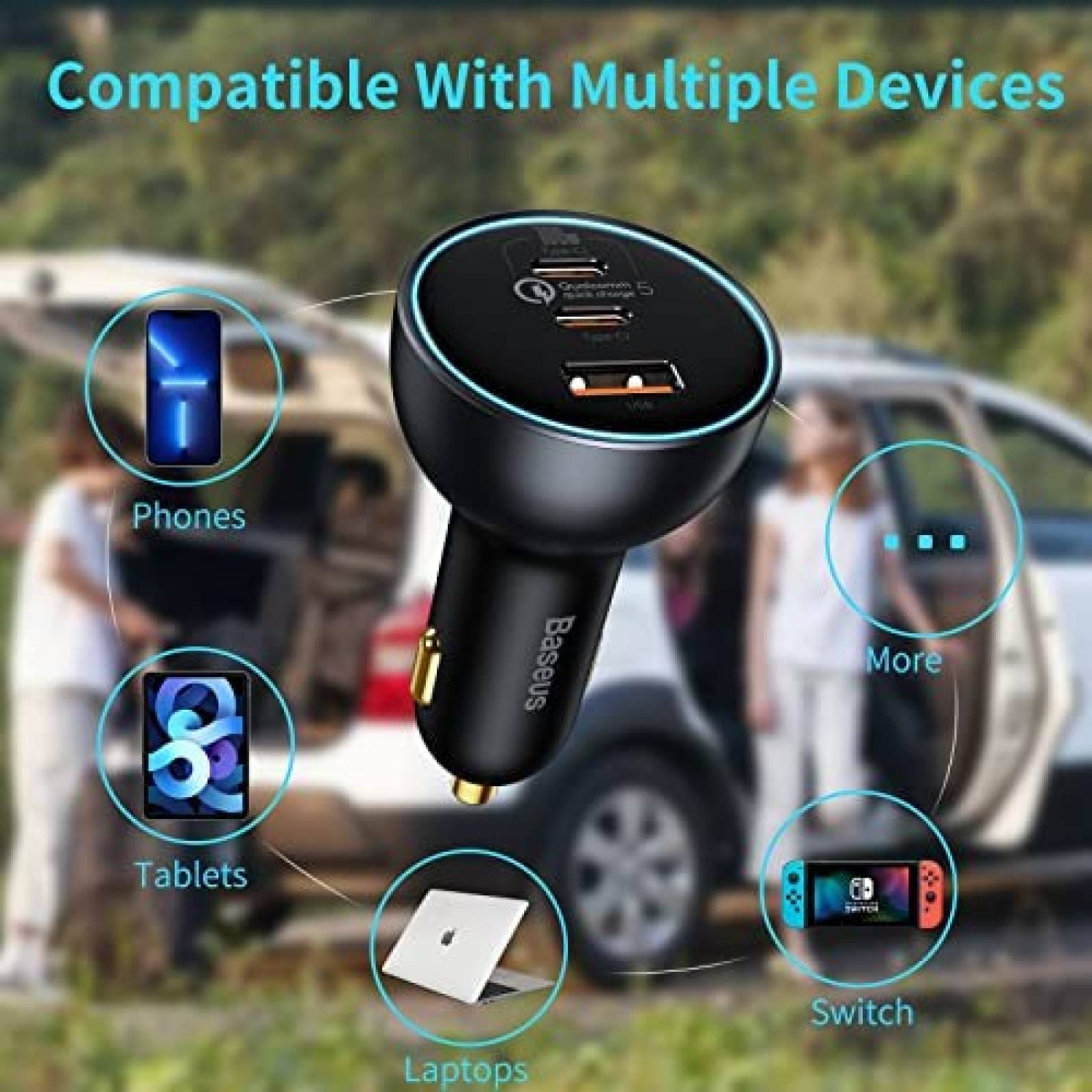 Cargador para Auto Baseus 3 Entradas USB/USB C 160W -Negro
