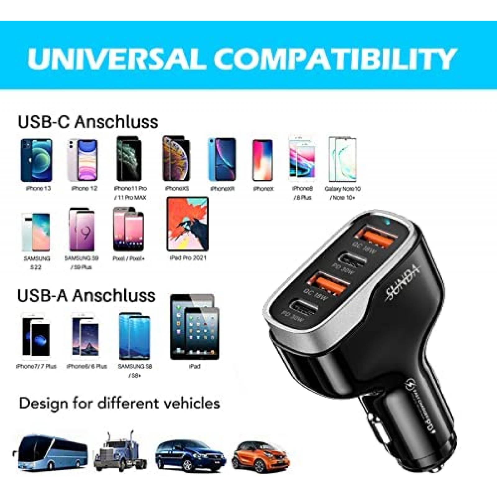 Cargador para Auto SUNDA de 2 Puertos USB/ 2 USB C -Negro