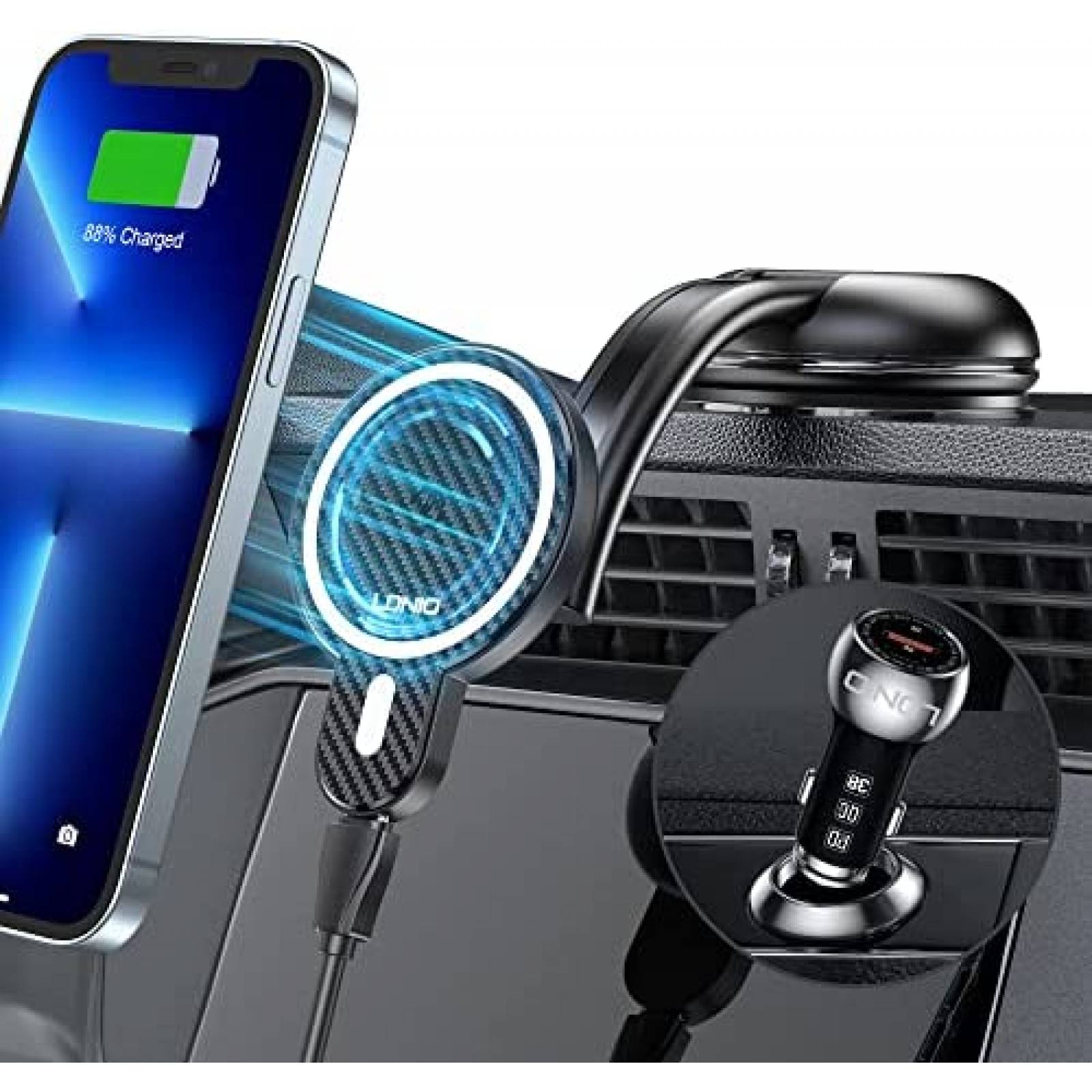 Cargador para Auto LDNIO de 38W con Soporte 360 -Negro
