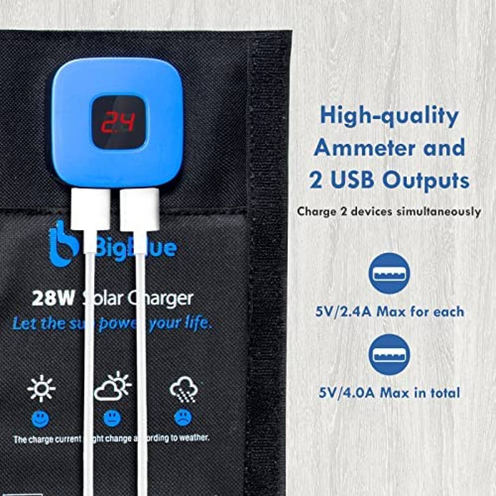 Cargador Solar BigBlue de 28W IPX4 USB-A Portátil -Negro
