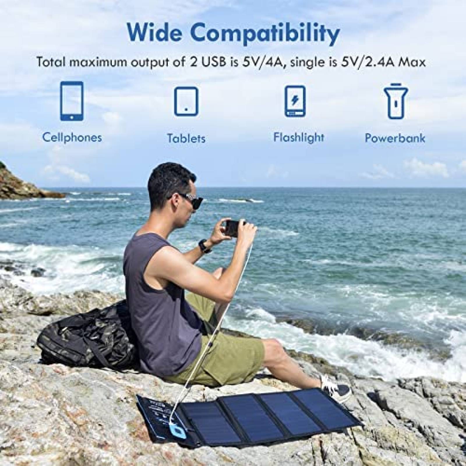 Cargador Solar BigBlue de 28W IPX4 USB-A Portátil -Negro