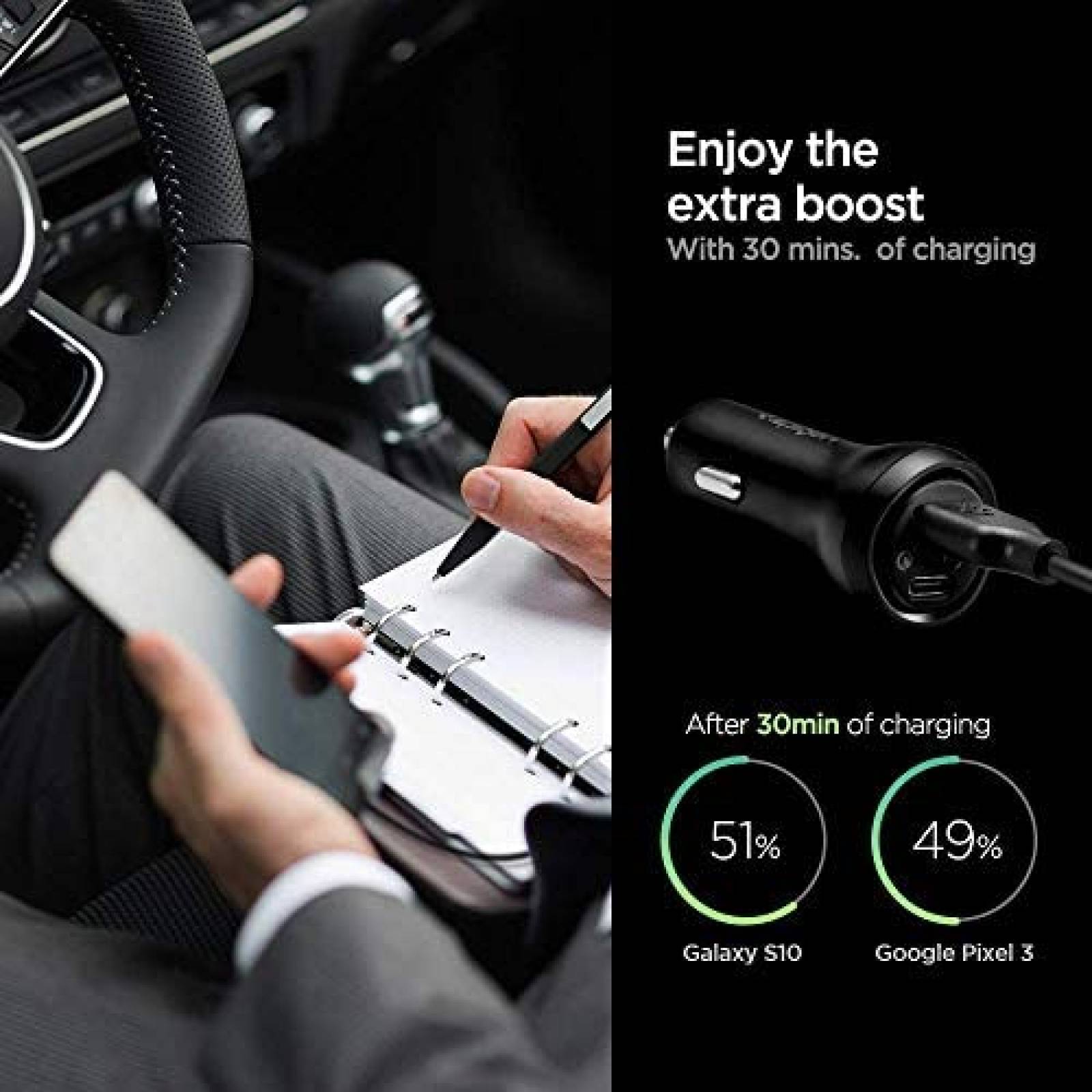 Soporte Spigen Para Celular + Cargador Para Coche 45W -Negro