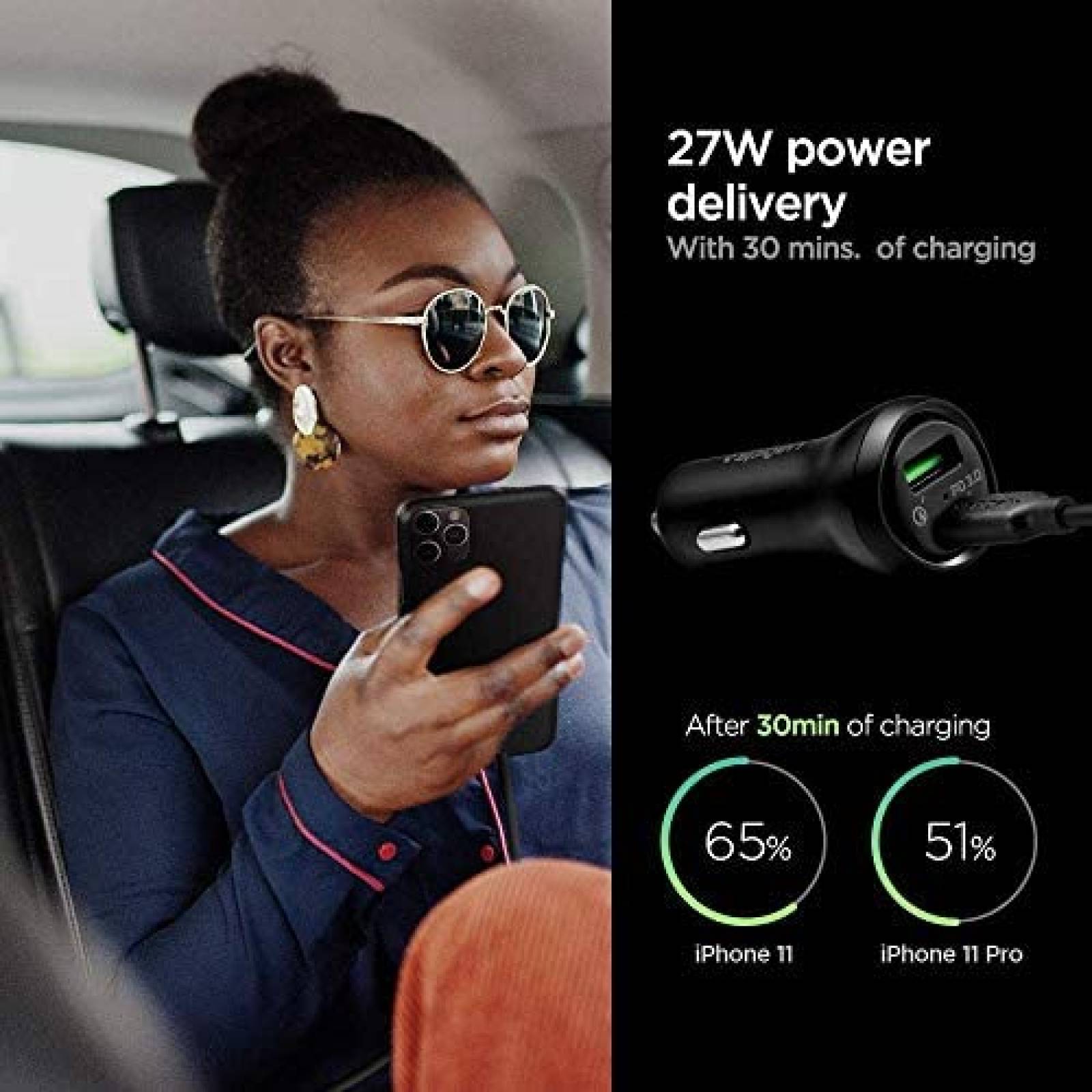 Soporte Spigen Para Celular + Cargador Para Coche 45W -Negro