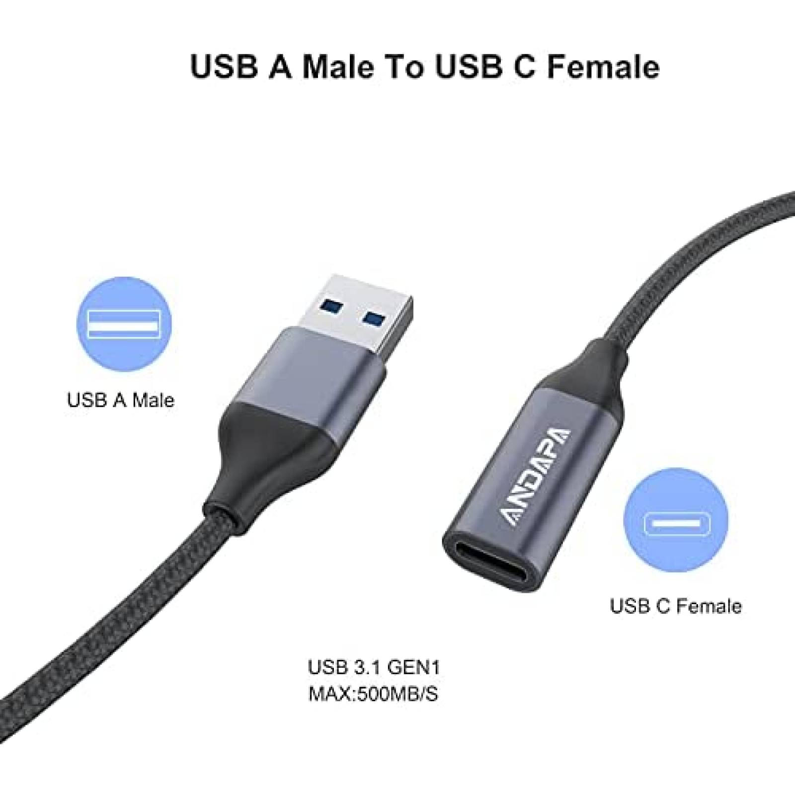 Adaptador USB C ANDAPA USB C hembra a USB macho -Gris