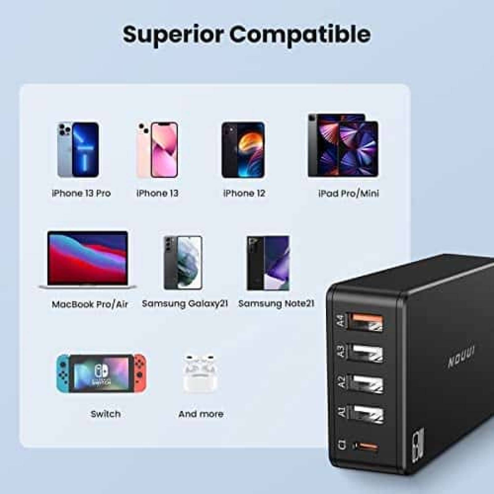 Adaptador de Cargador NOUUI con 4 Puertos USB -Negro