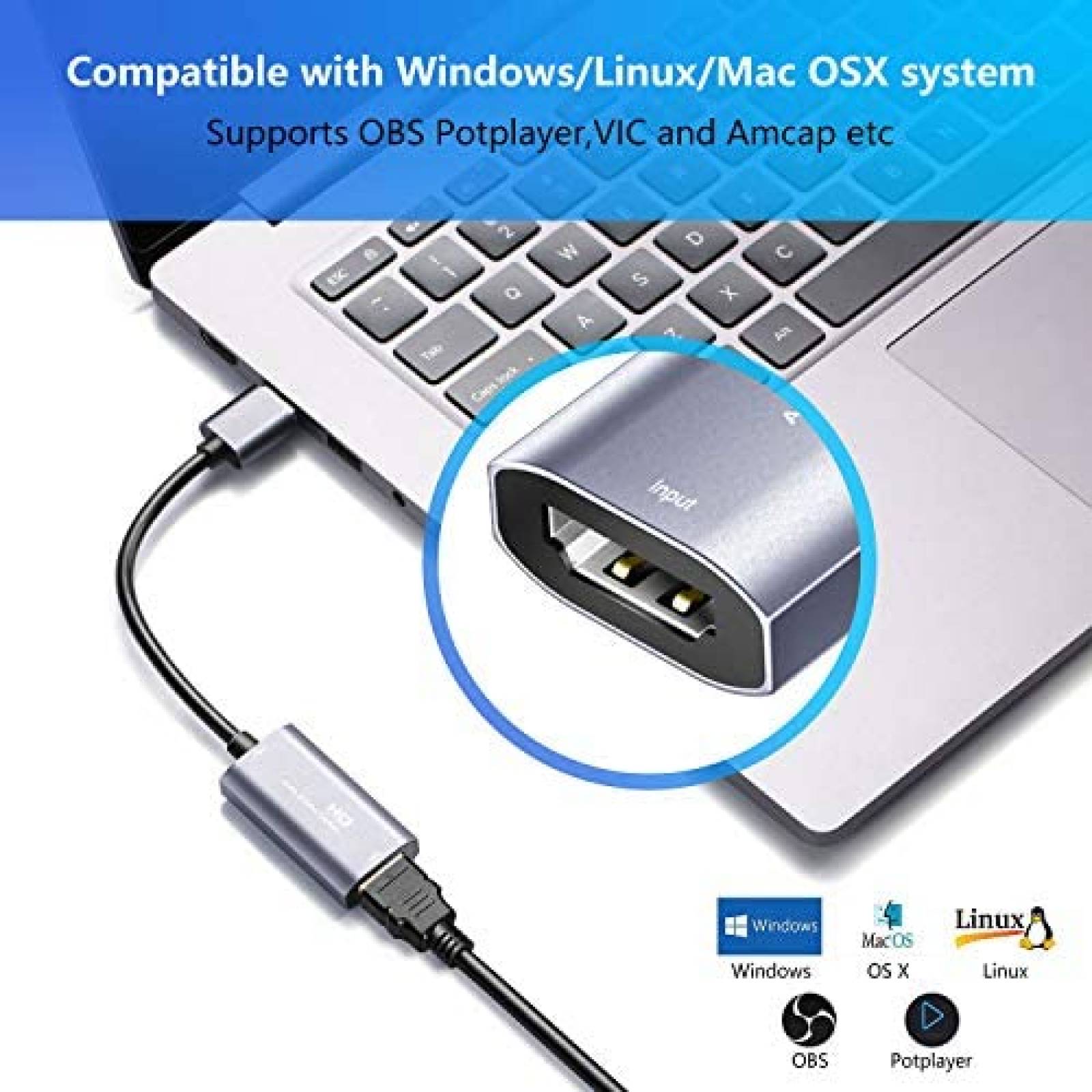 Cable PIHEN Capturador de Video USB a HDMI 1080P -Plata