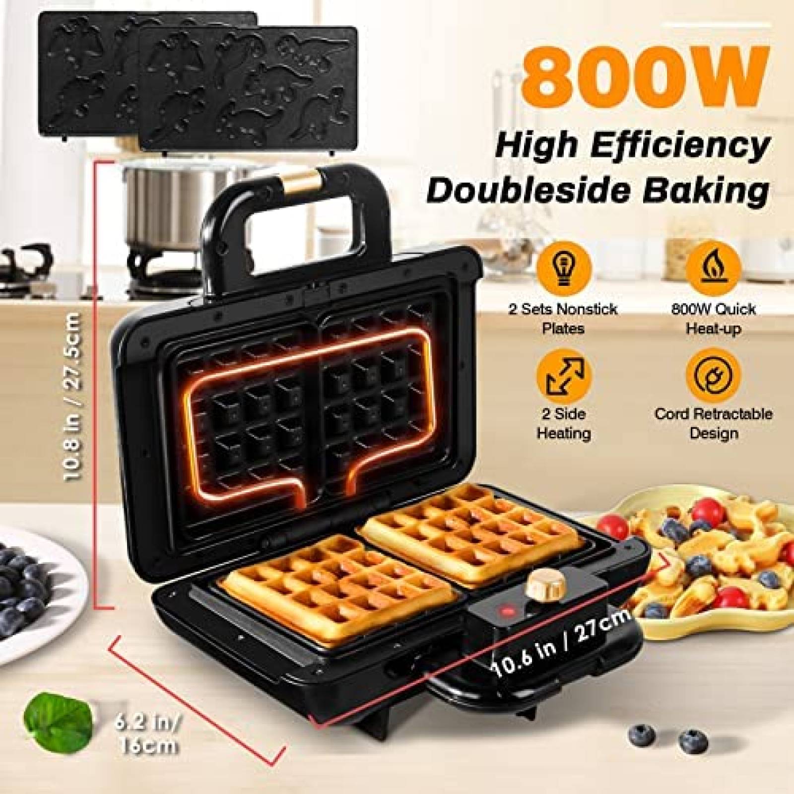 Wafflera Symiu con Parrilla de Dinosaurios 220V -Negro